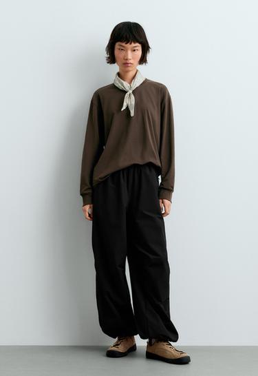 Oversize long-sleeved cotton-blend t-shirt — BROWN 1