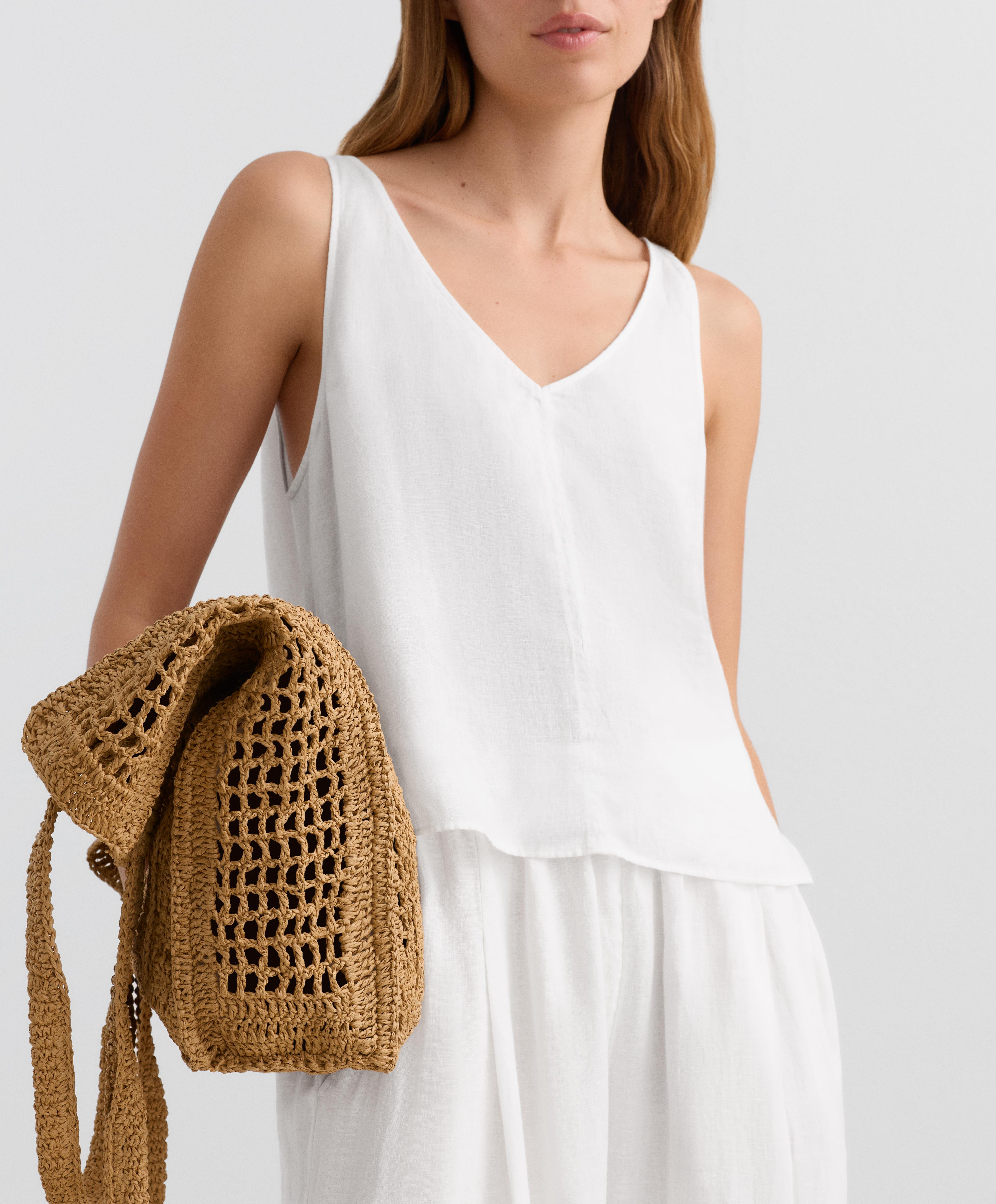 100% linen V-neck strap top — WHITE 