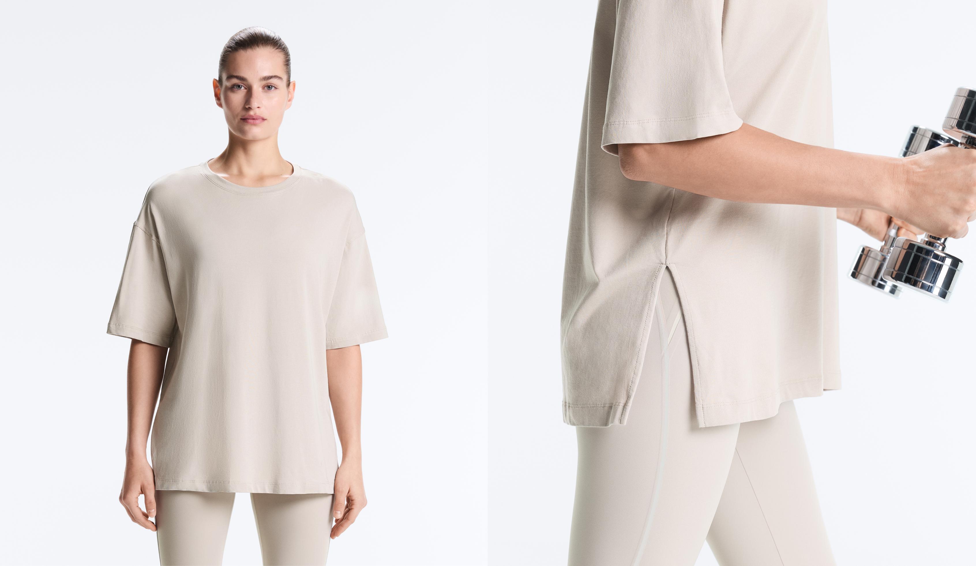 Long short-sleeved cotton blend T-shirt — TAUPE                   