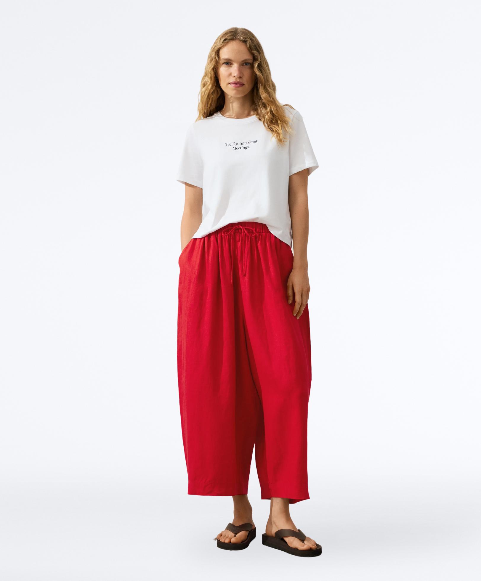 100% linen crop balloon trousers — BRIGHT RED