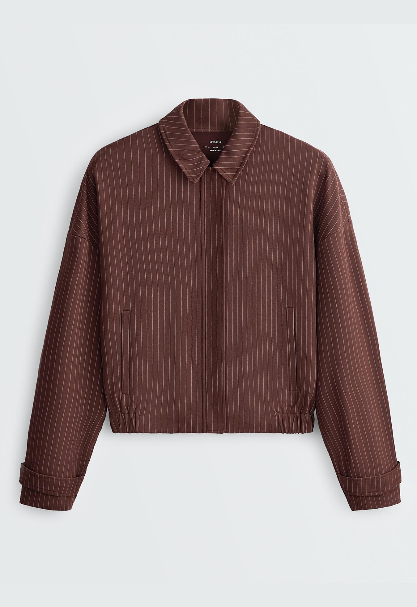 Pinstripe piqué polo neck jacket with cotton — CHOCOLATE