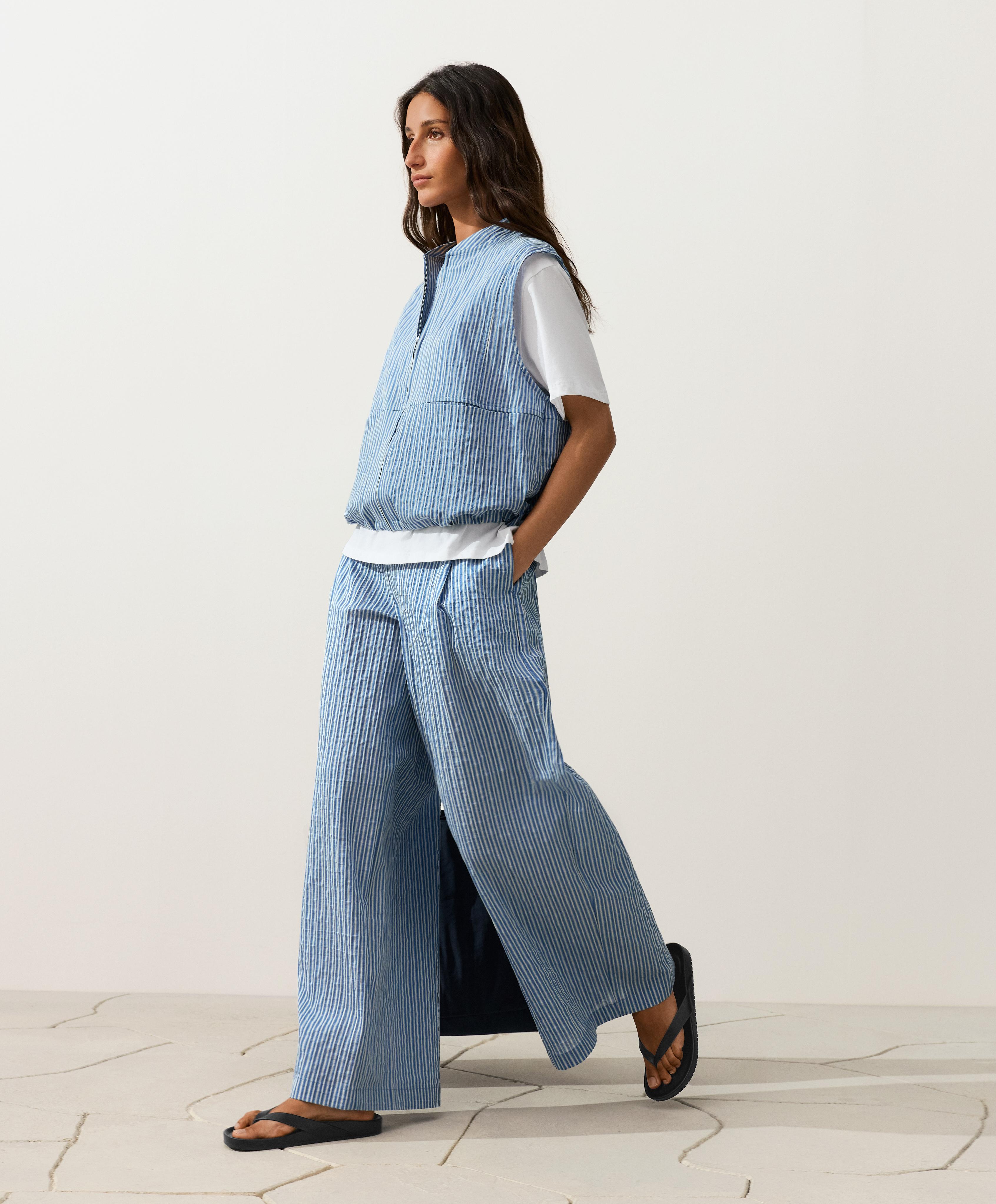 Striped cotton blend vest — MID-BLUE