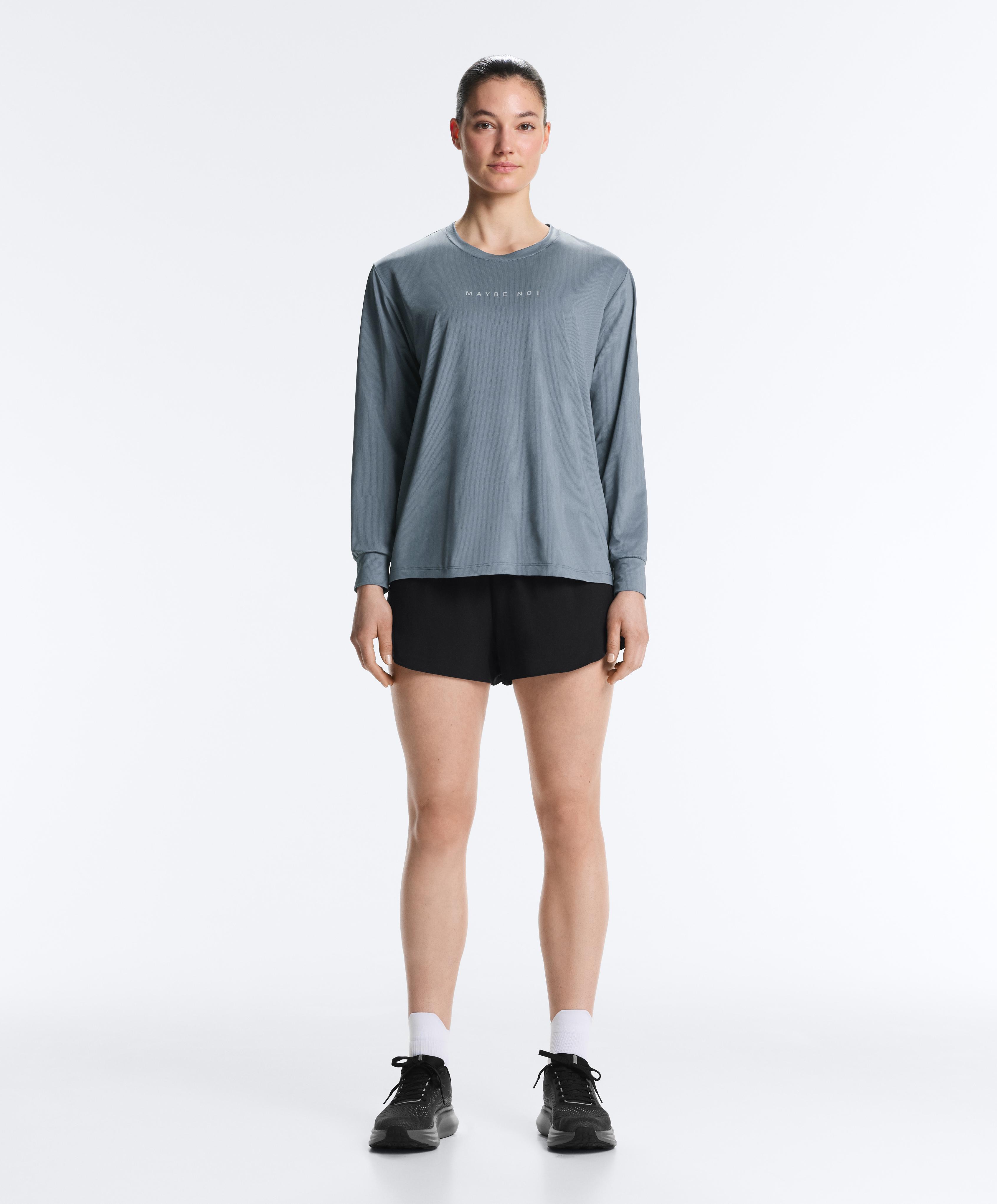 Long-sleeved technical T-shirt with text — MID GREY-BLUE
