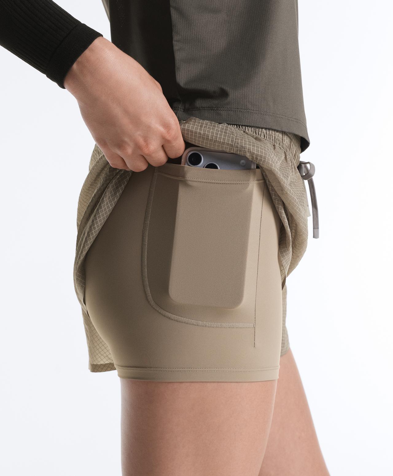 Technical 2-in-1 checked mid-rise shorts — MINK GREY