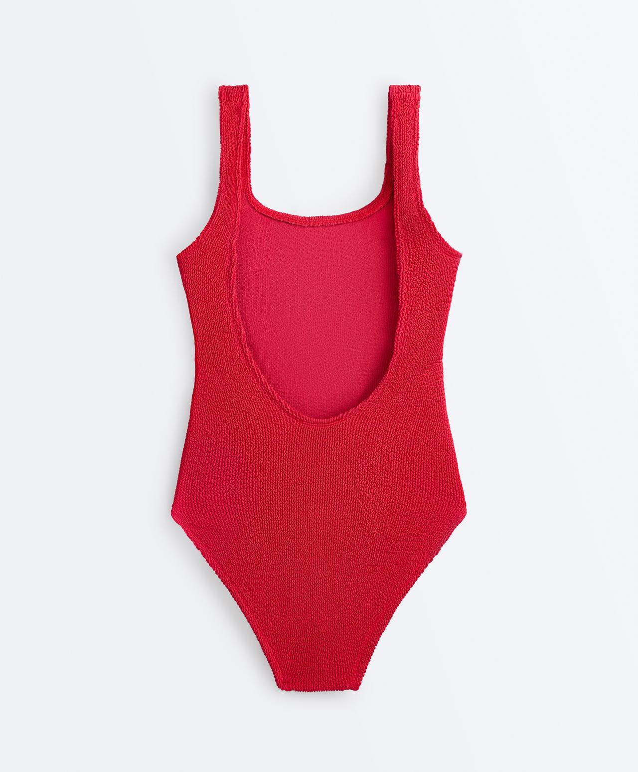 Crinkle round neck swimsuit — GERANIUM RED