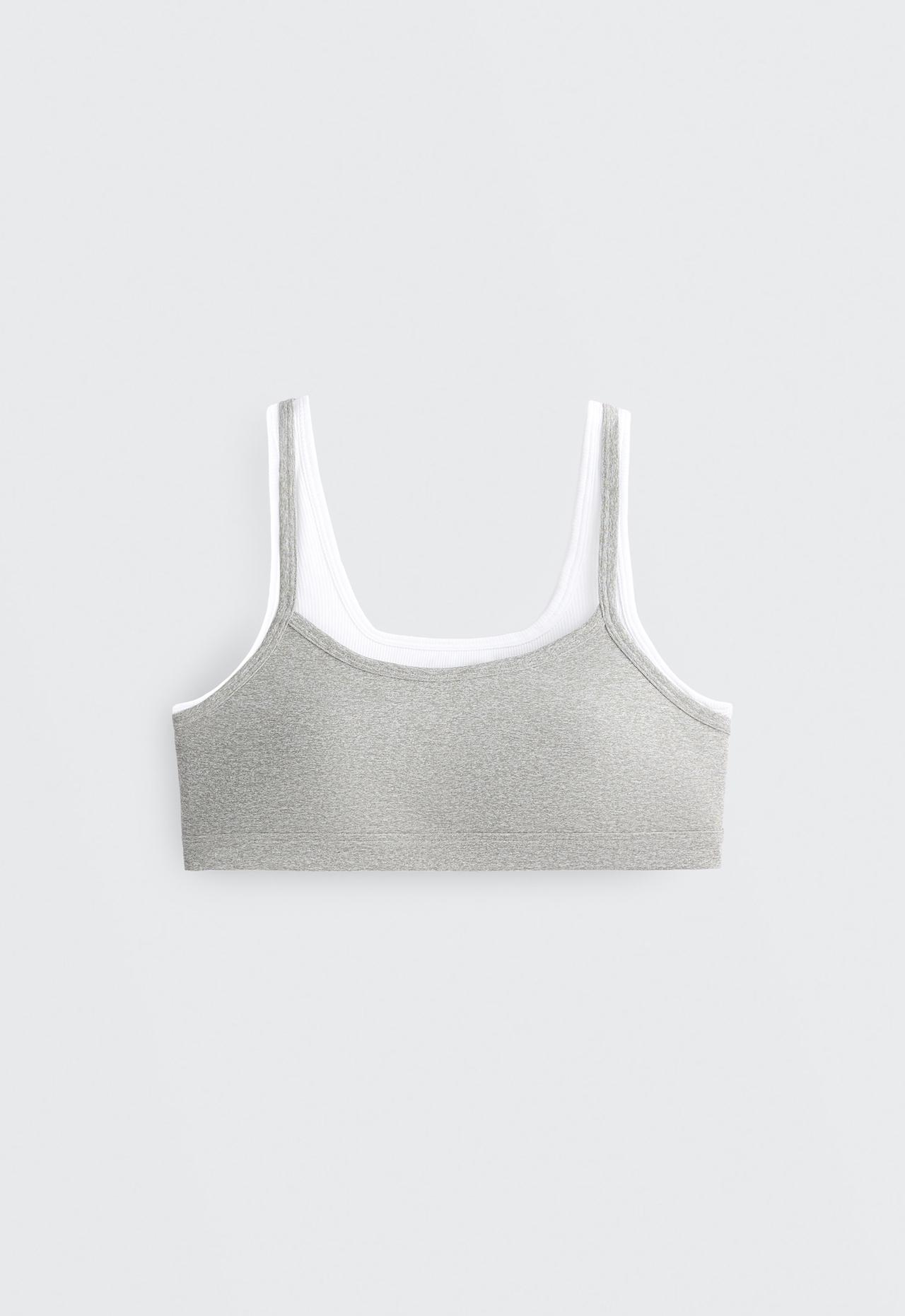 Medium-support ribbed heather sports bra with overlay — GREY MELANGE