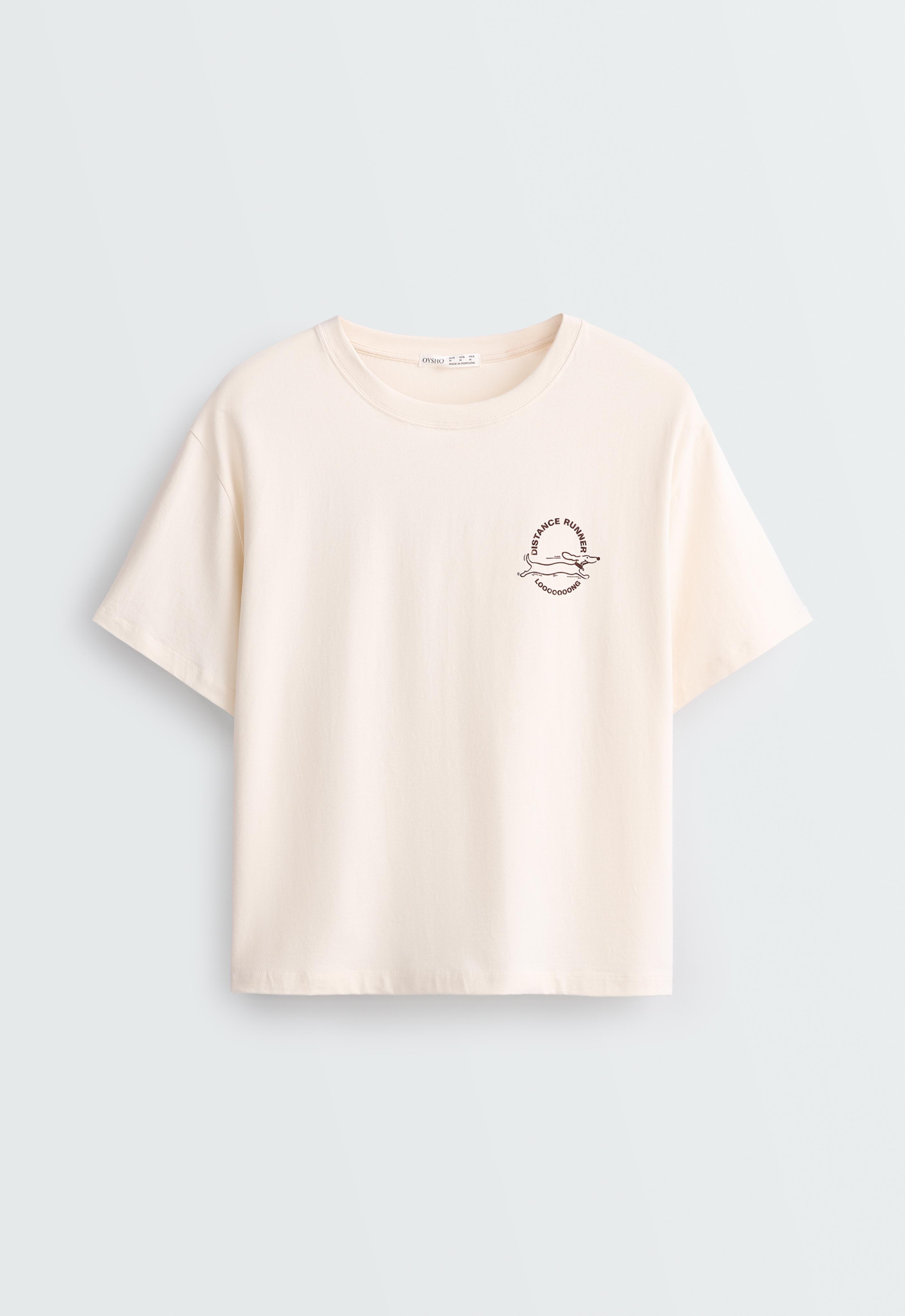 Boxy cotton blend short-sleeved T-shirt with print — ECRU