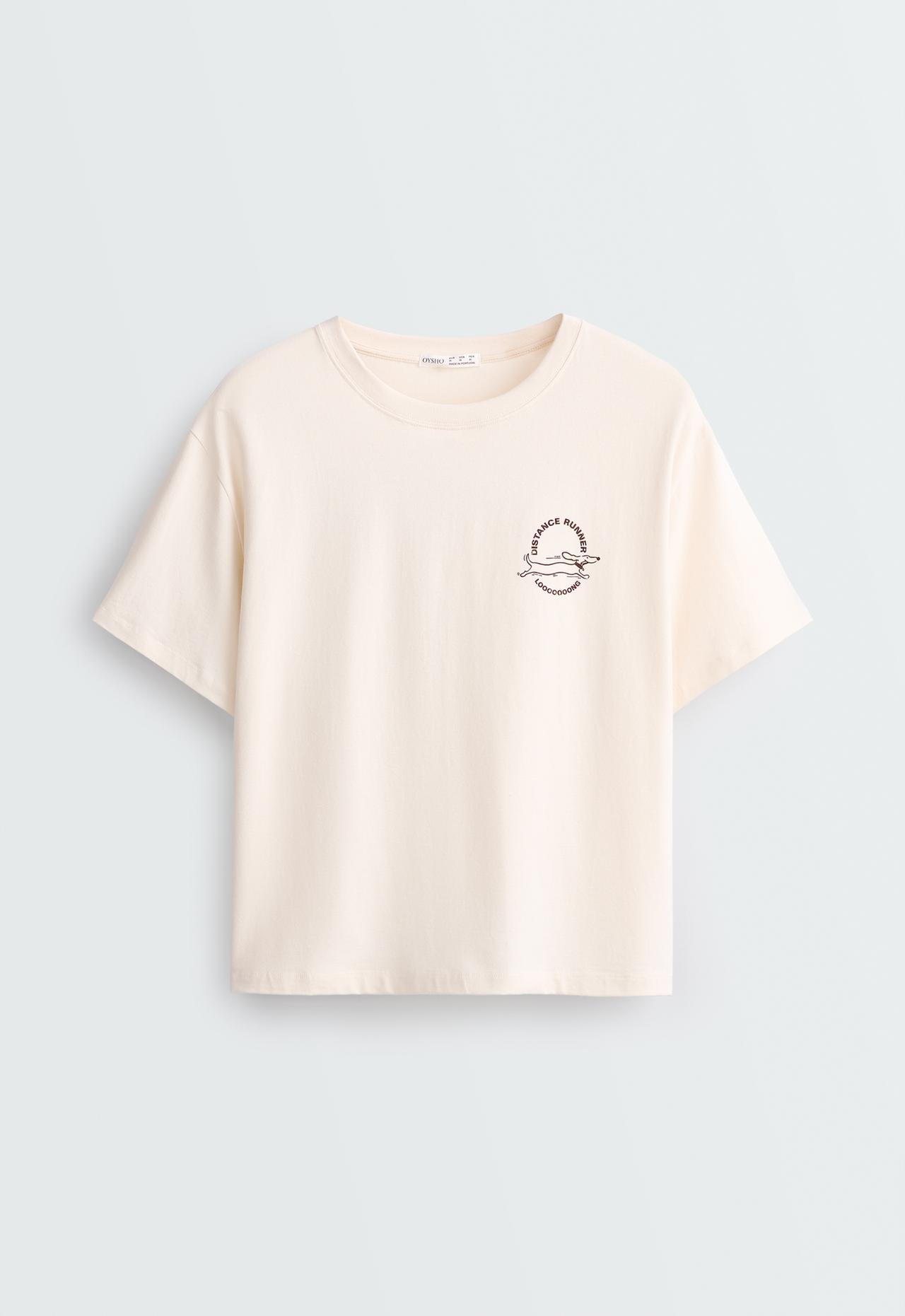Boxy cotton blend short-sleeved T-shirt with print — ECRU