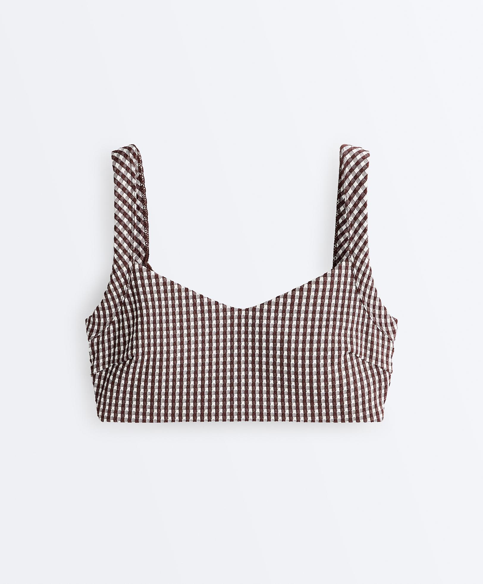 Medium-support gingham sports bra — DARK REDDISH‑BROWN
