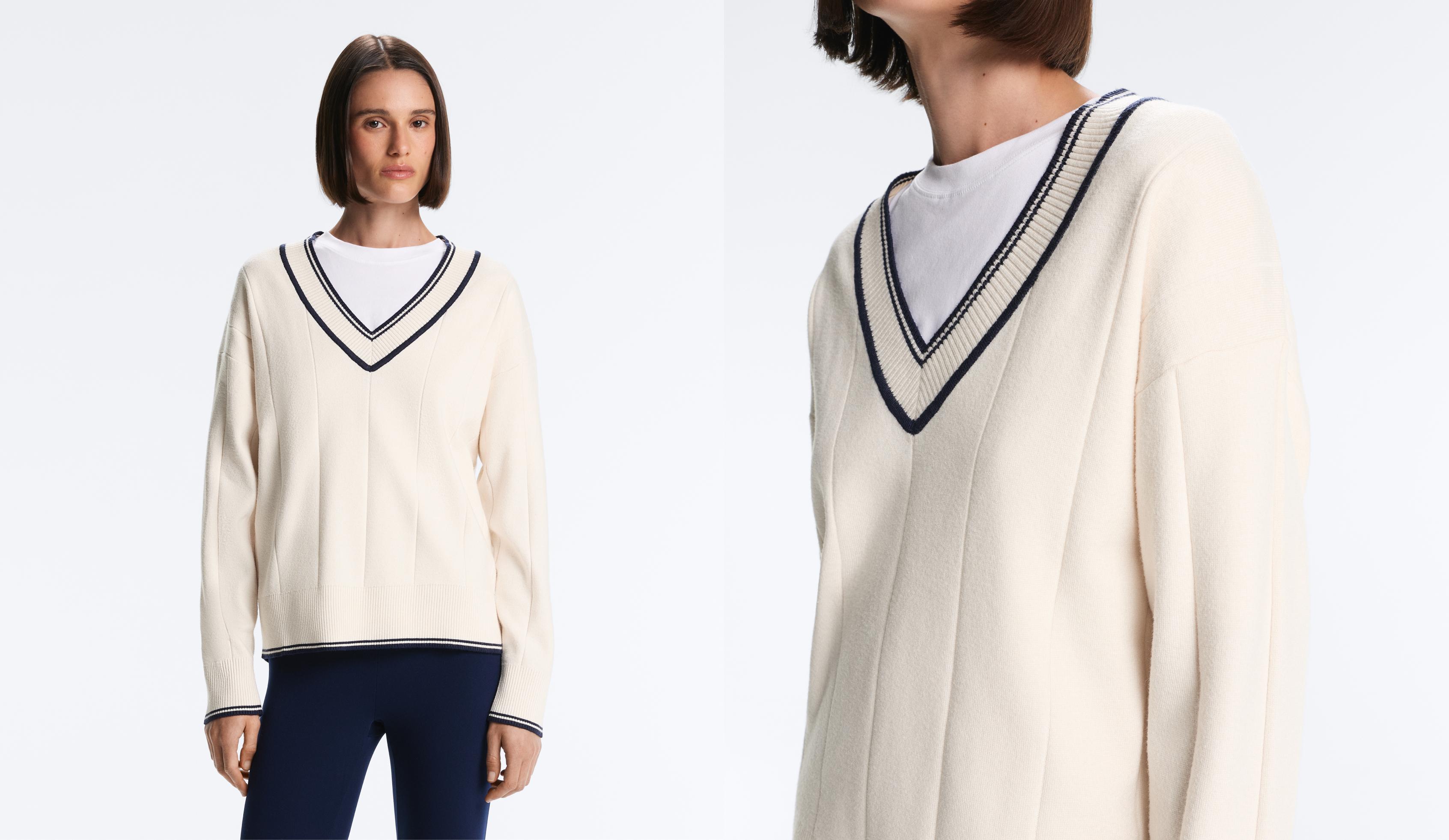 Contrast V-neck knit jumper — PALE ECRU