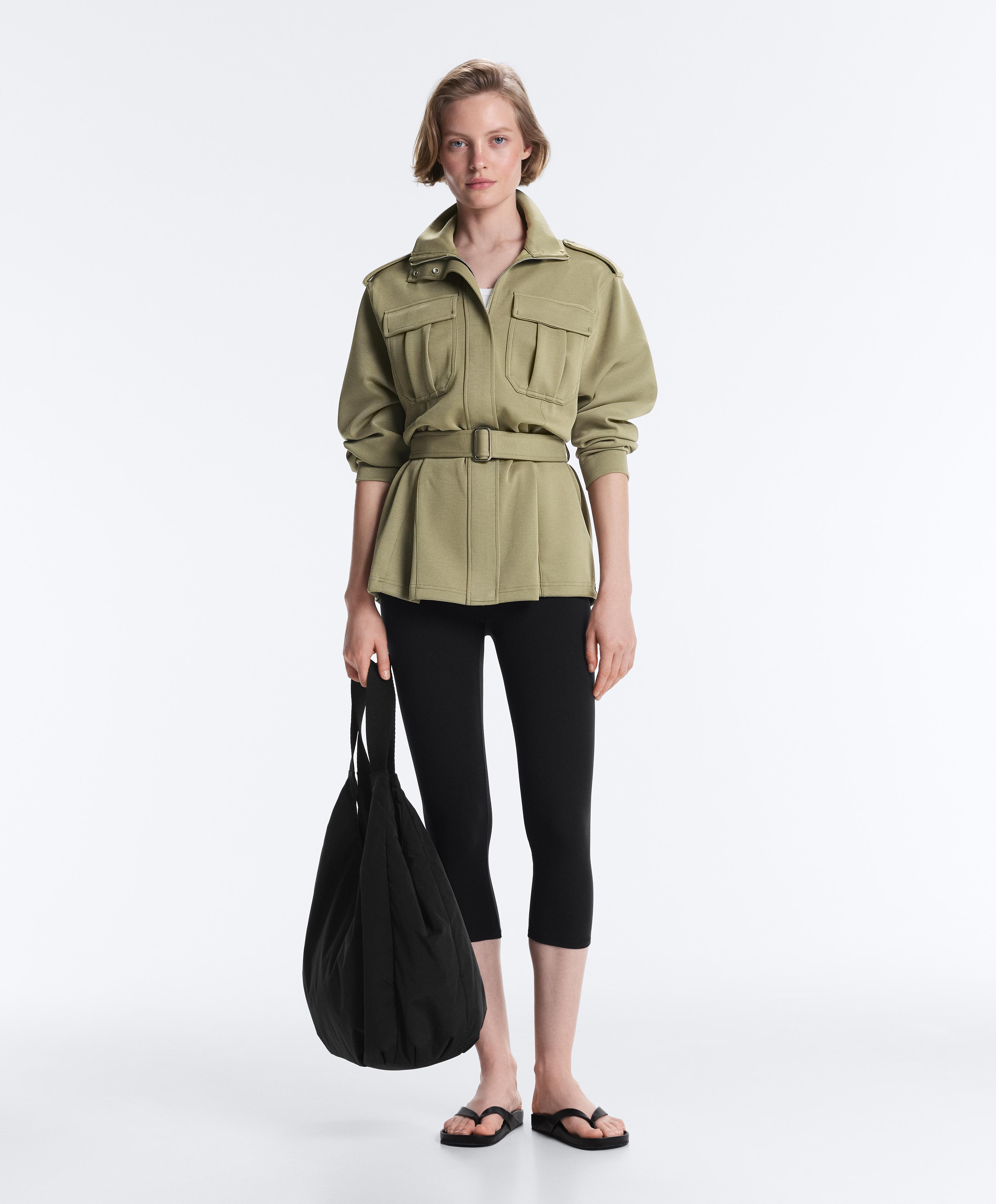 Long utility pique jacket with belt — YELLOW GREEN