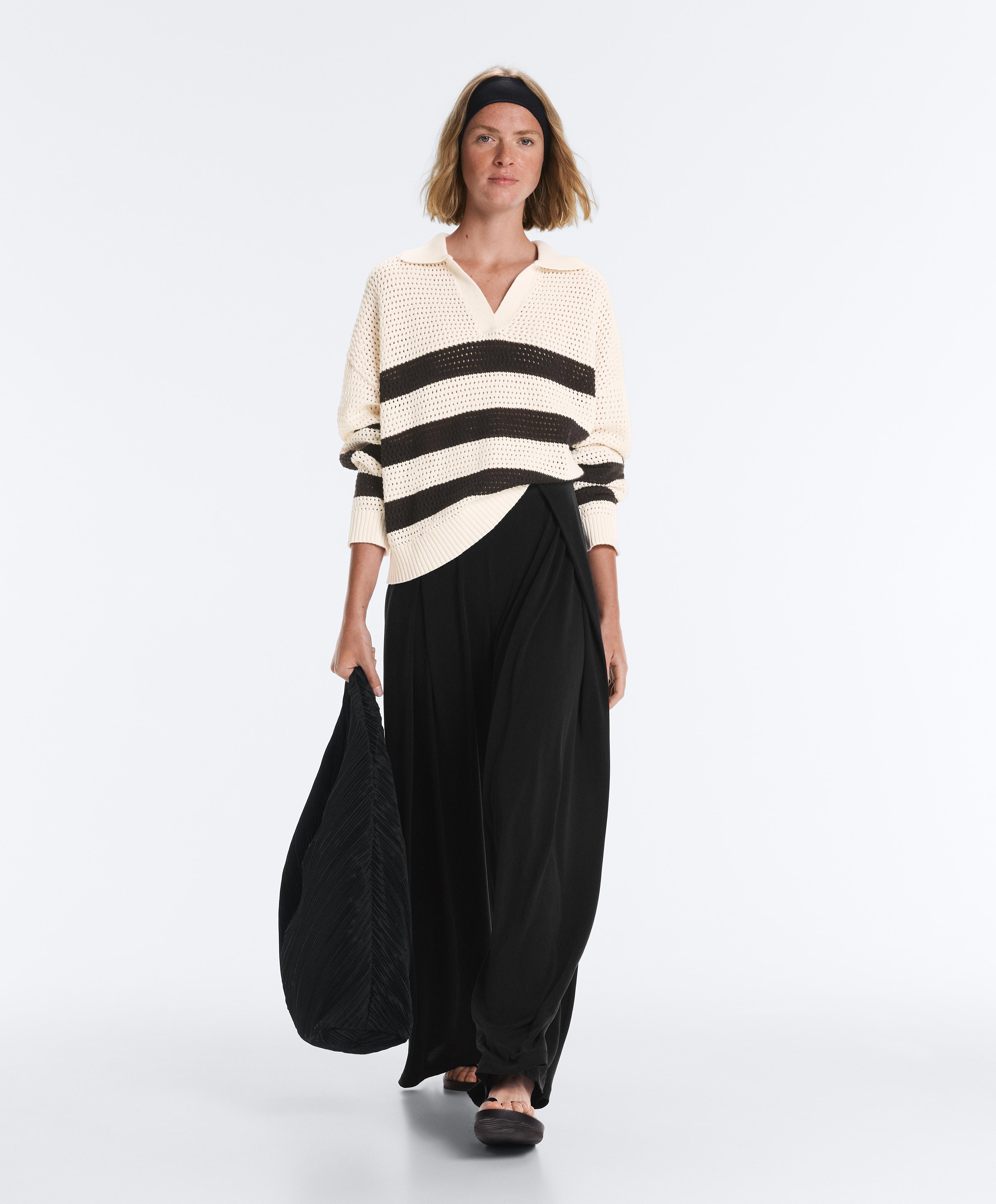 Modal blend straight-leg trousers with side pleat — BLACK