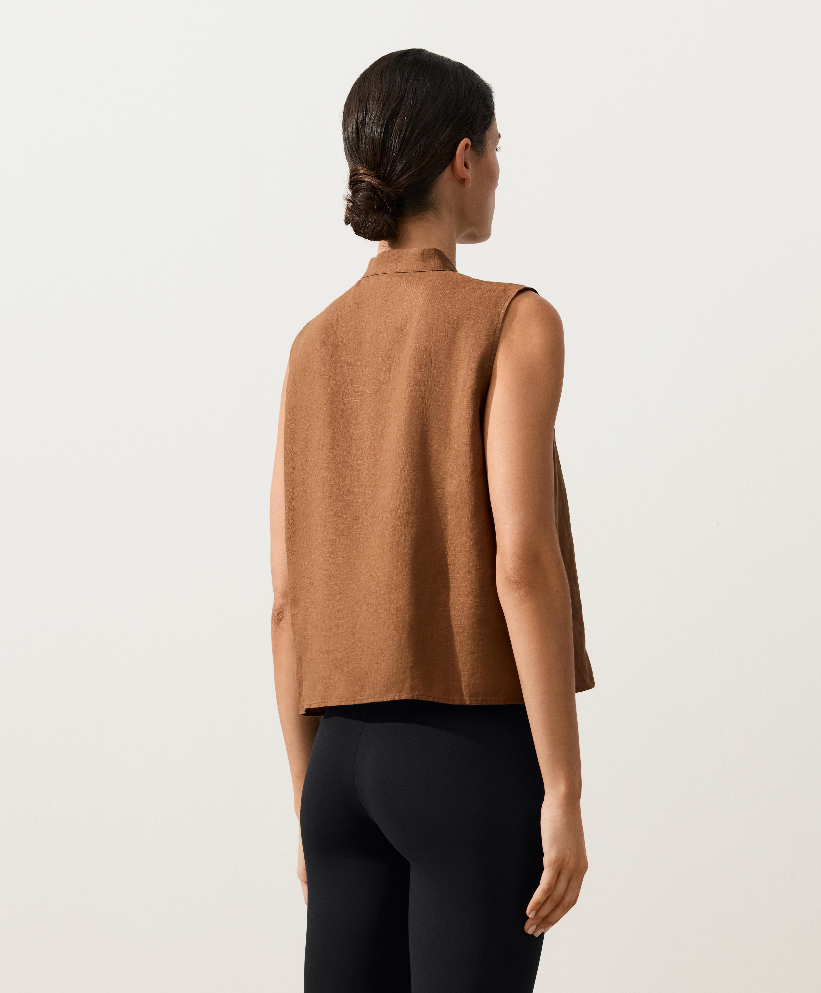 100% linen sleeveless stand-up collar shirt — TOFFEE