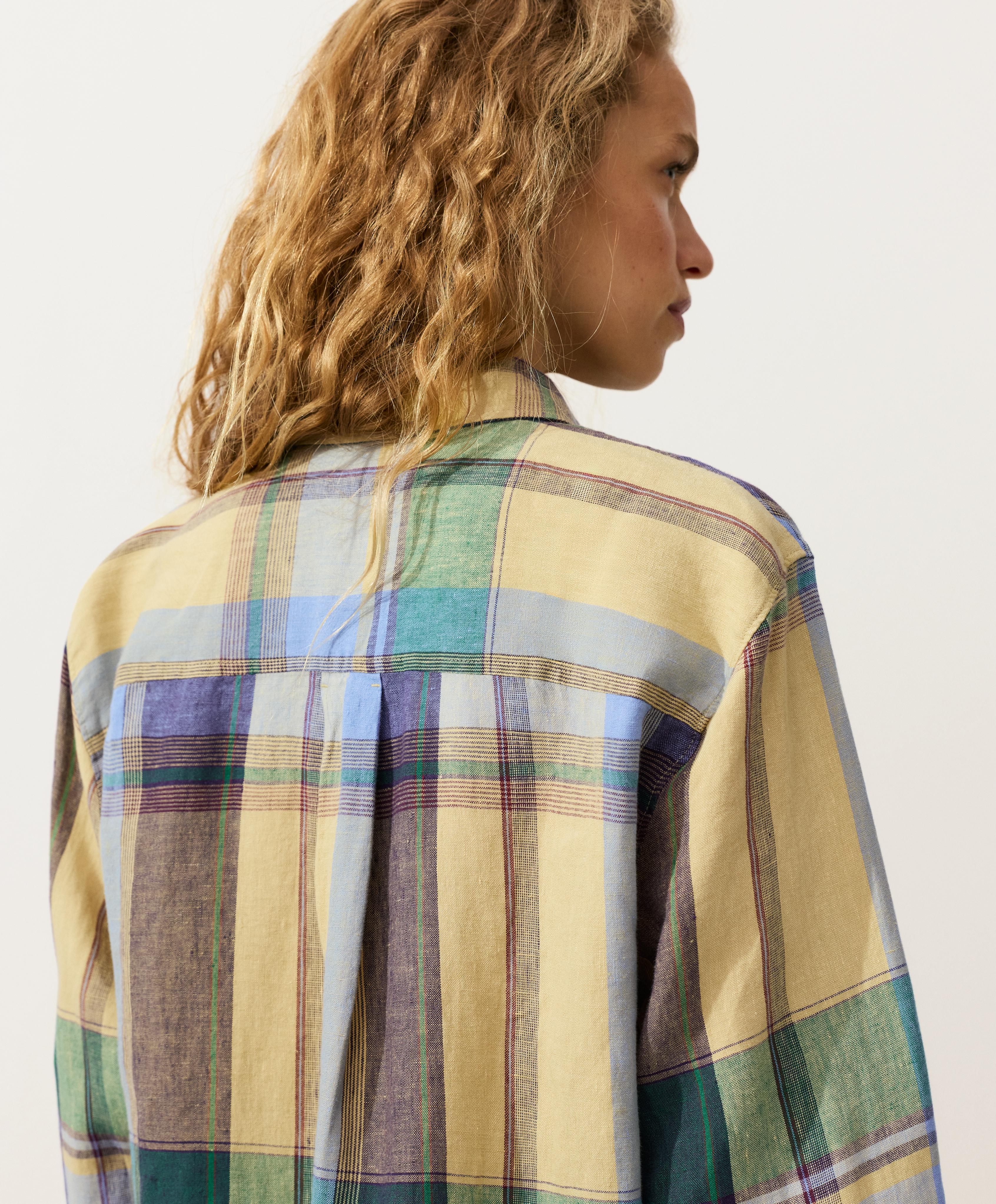 100% linen regular check shirt — MID-YELLOW