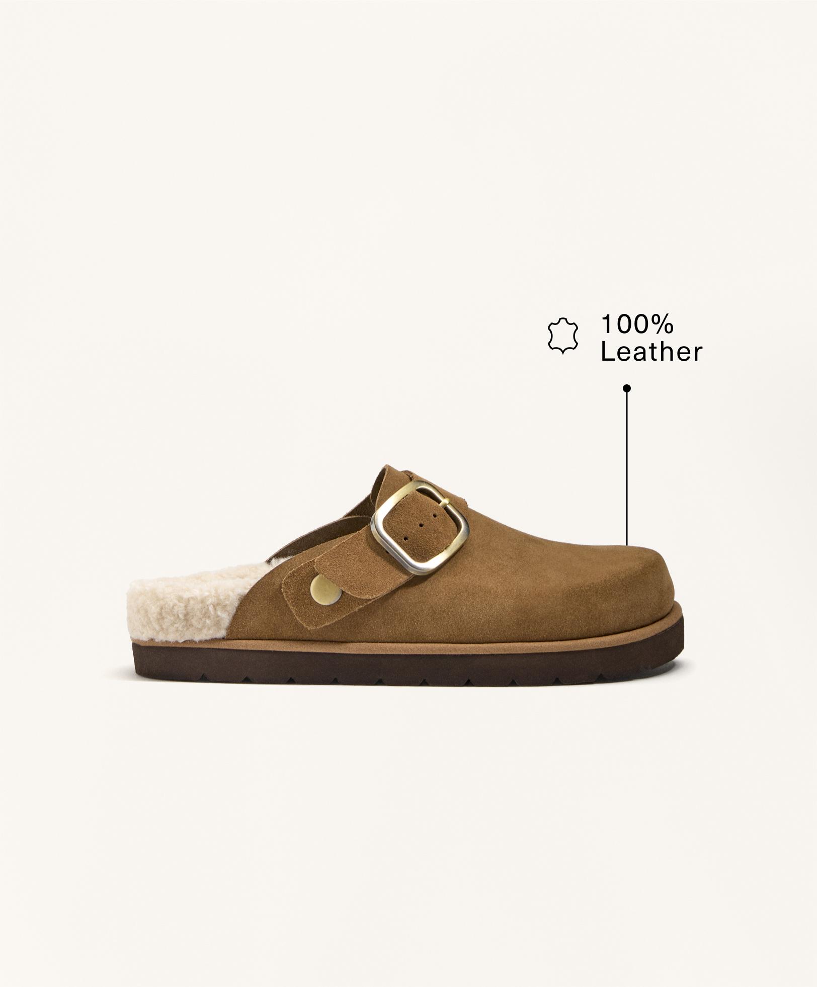 Buckled split-leather faux shearling clogs — TOASTED BROWN