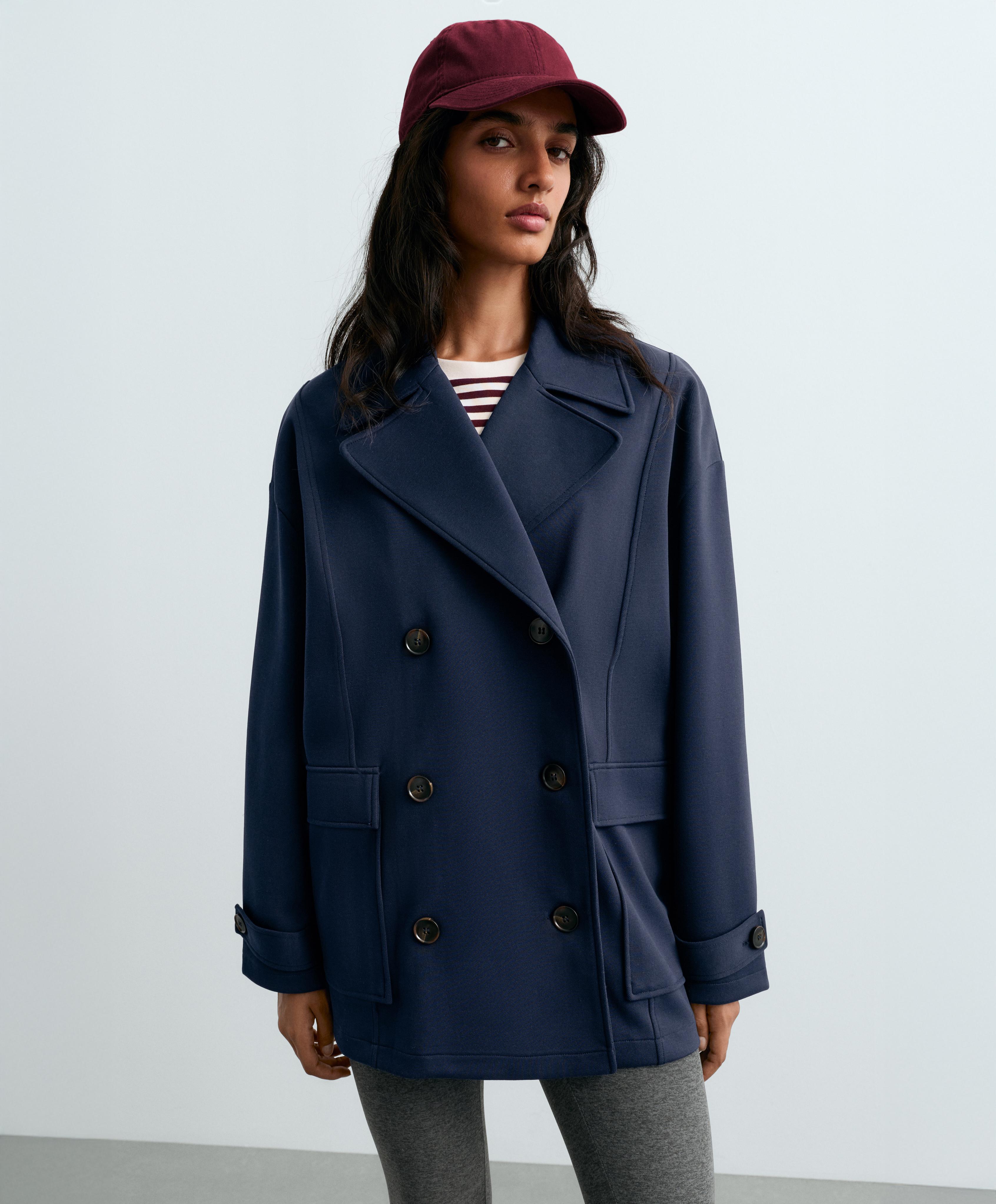 6-button long piqué cotton jacket — NAVY BLUE