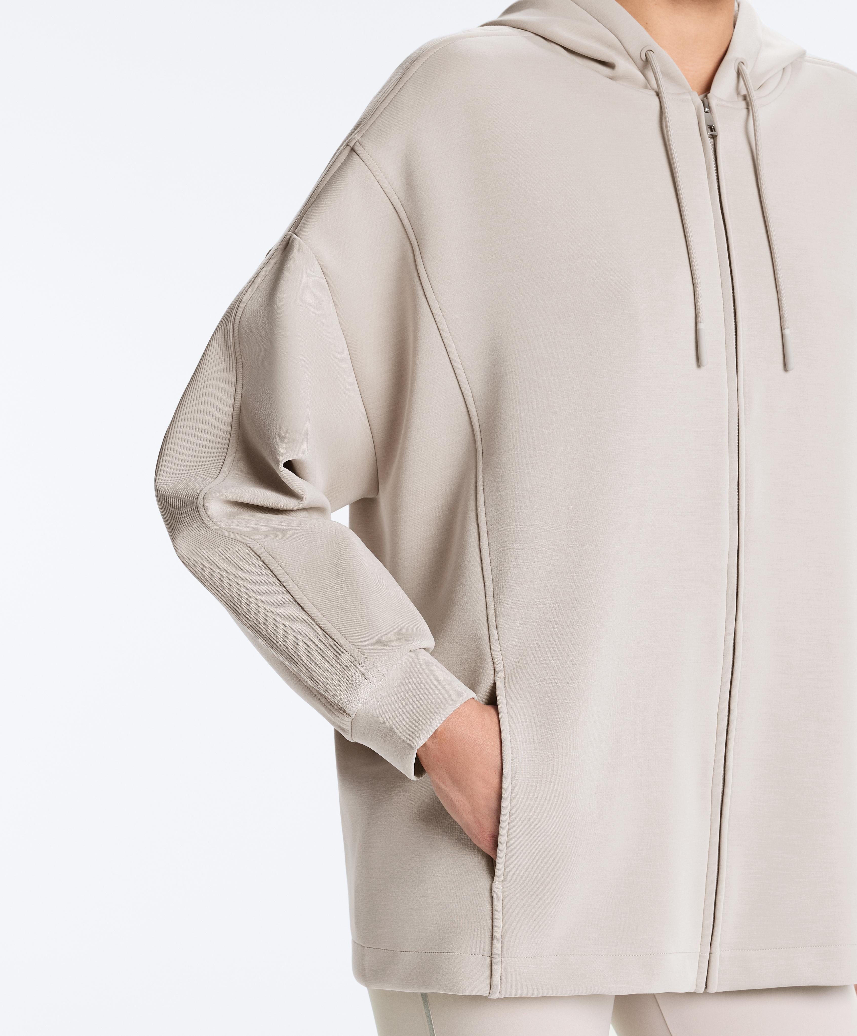 Long hooded jacket with rib details and brushed modal — TAUPE