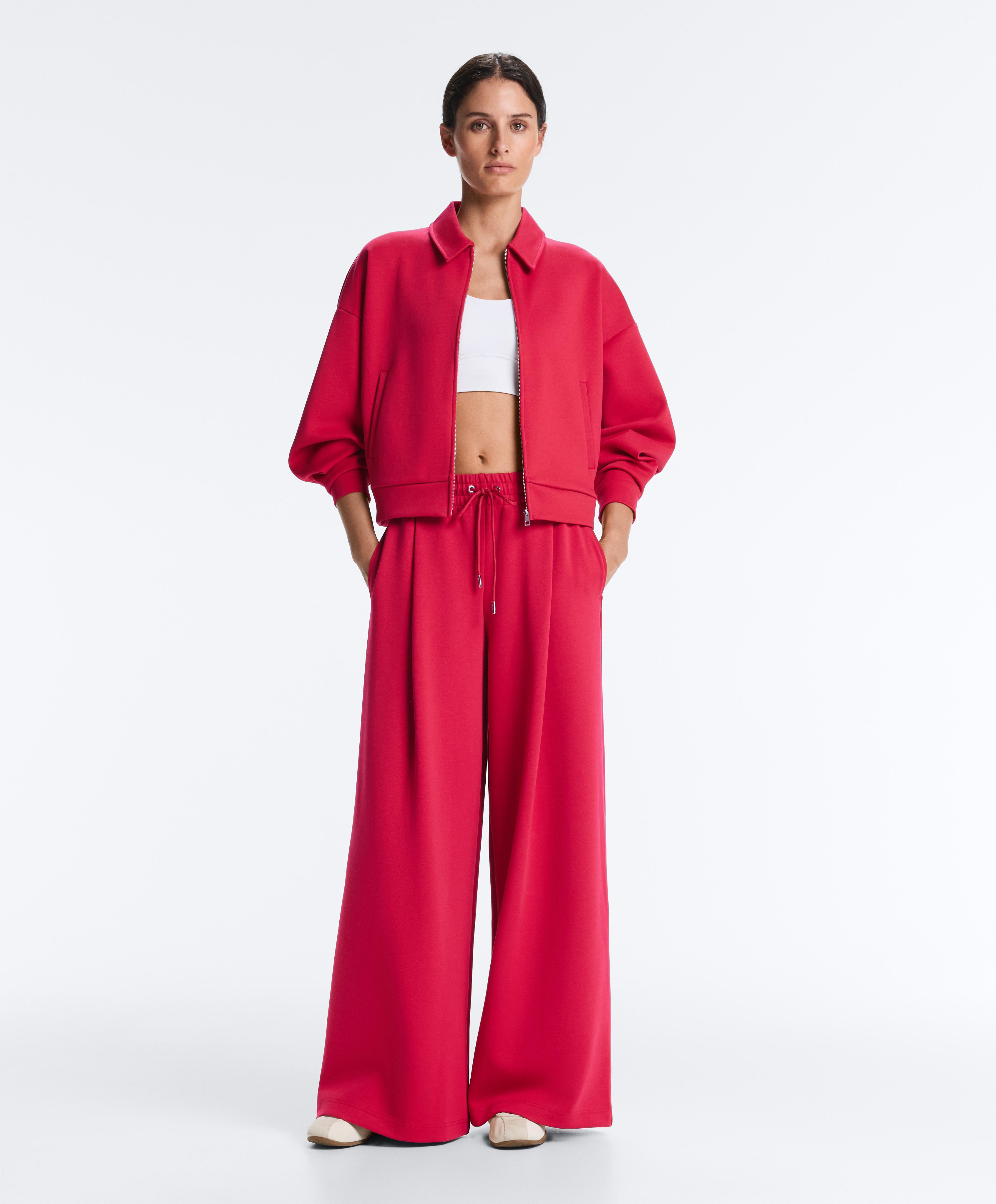 Wide-leg piqué pleat trousers with cotton — RED