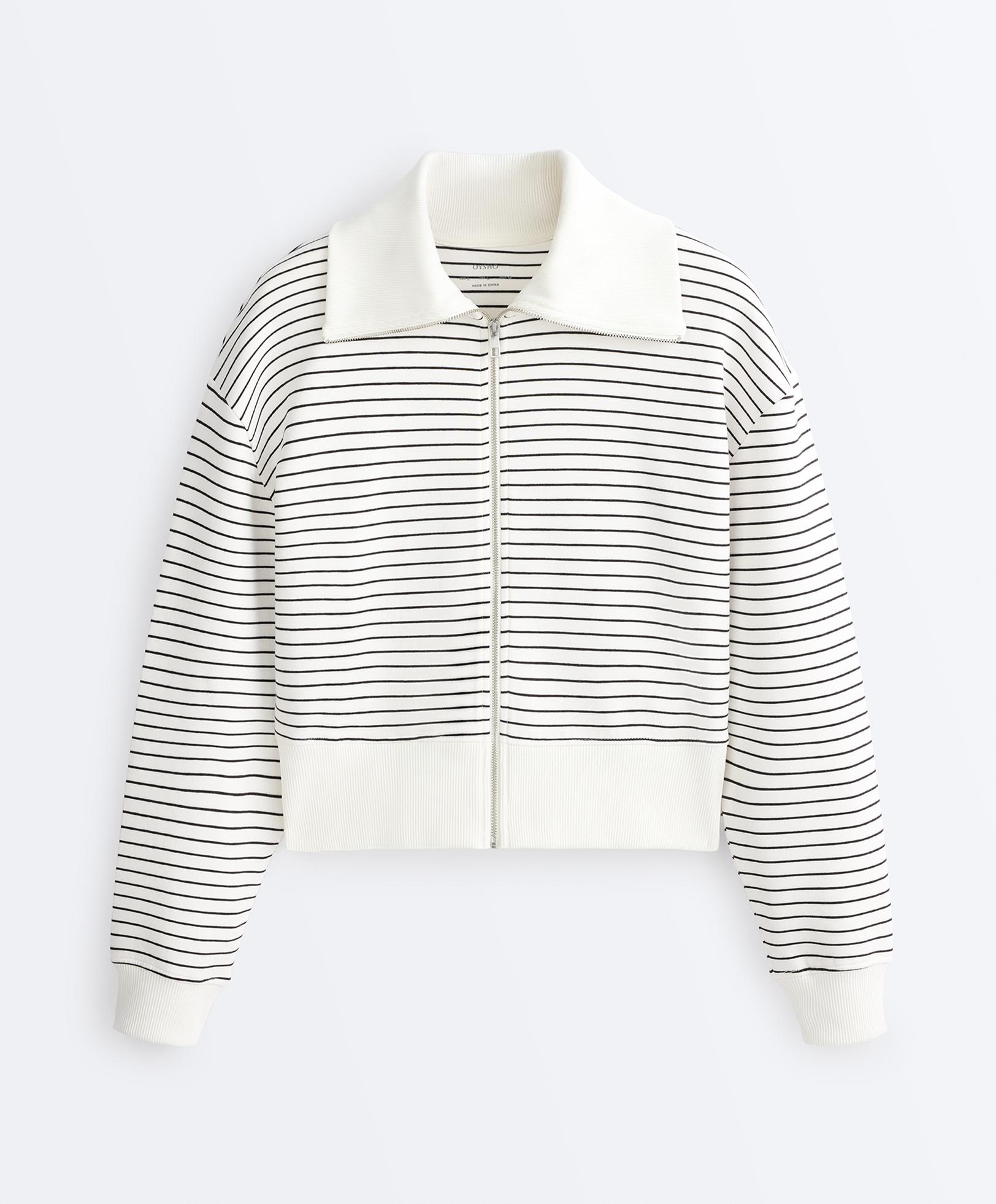 Striped rib neck jacket with cotton — PALE ECRU