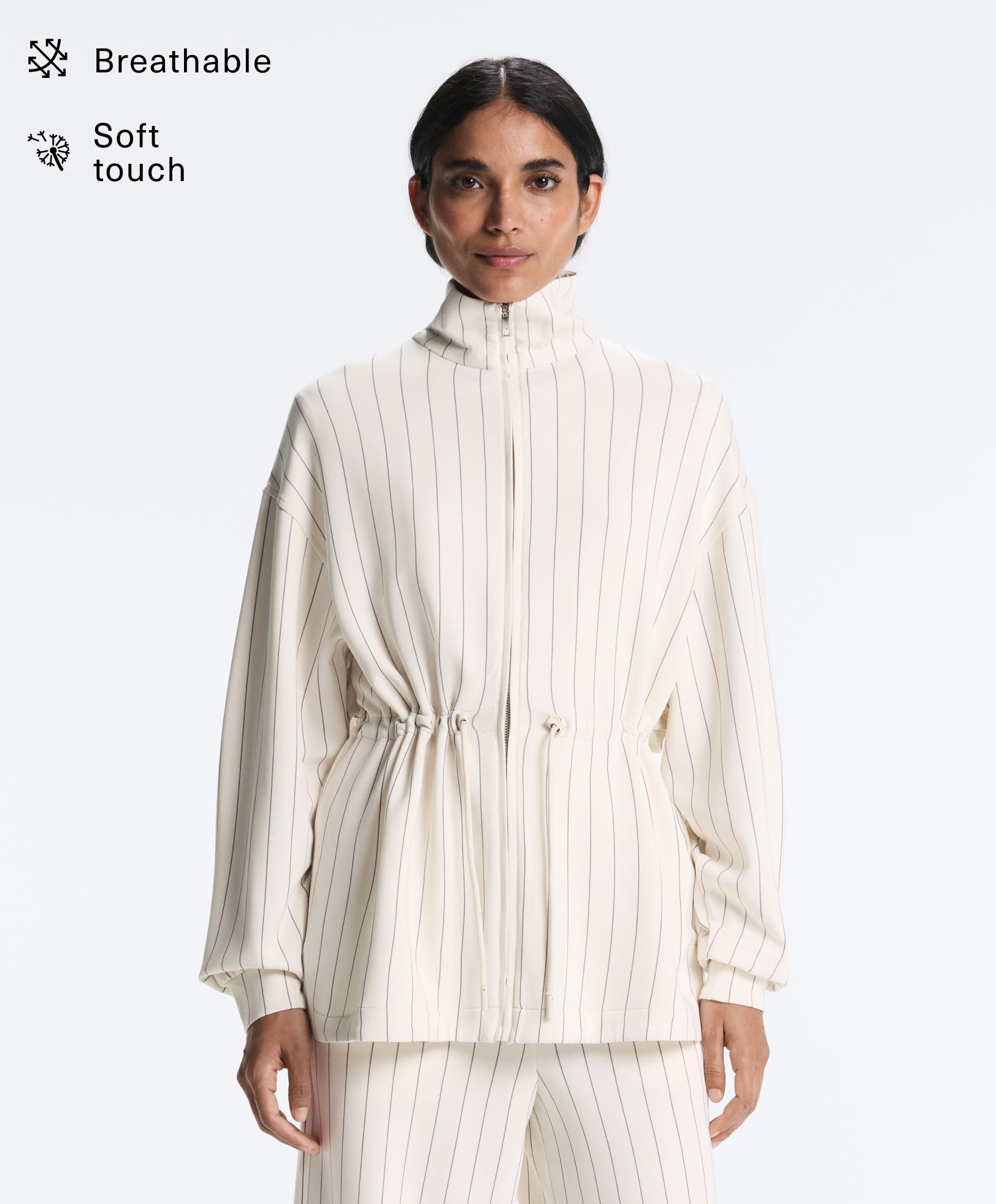 Long pinstripe jacket with adjustable waist and soft-touch modal