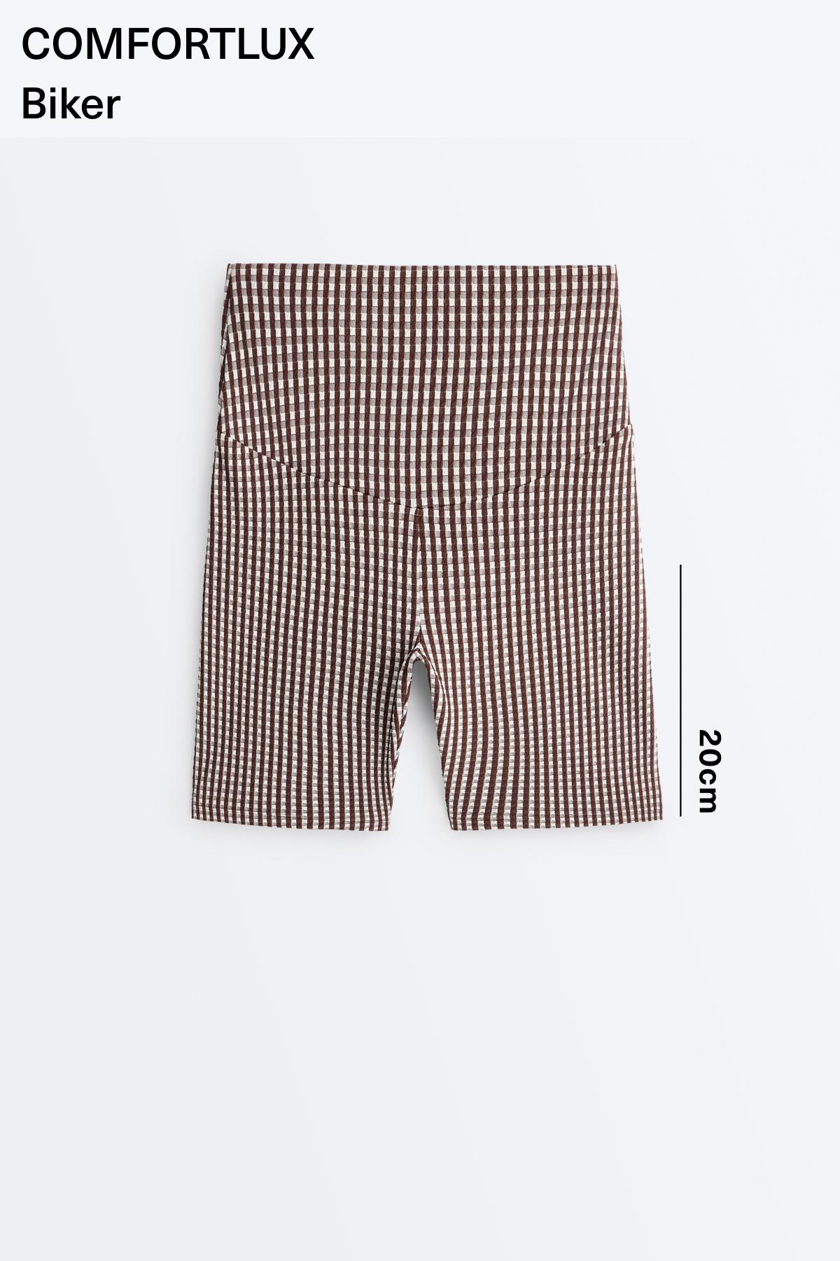 Comfortlux high-rise 20cm gingham biker leggings — DARK REDDISH‑BROWN