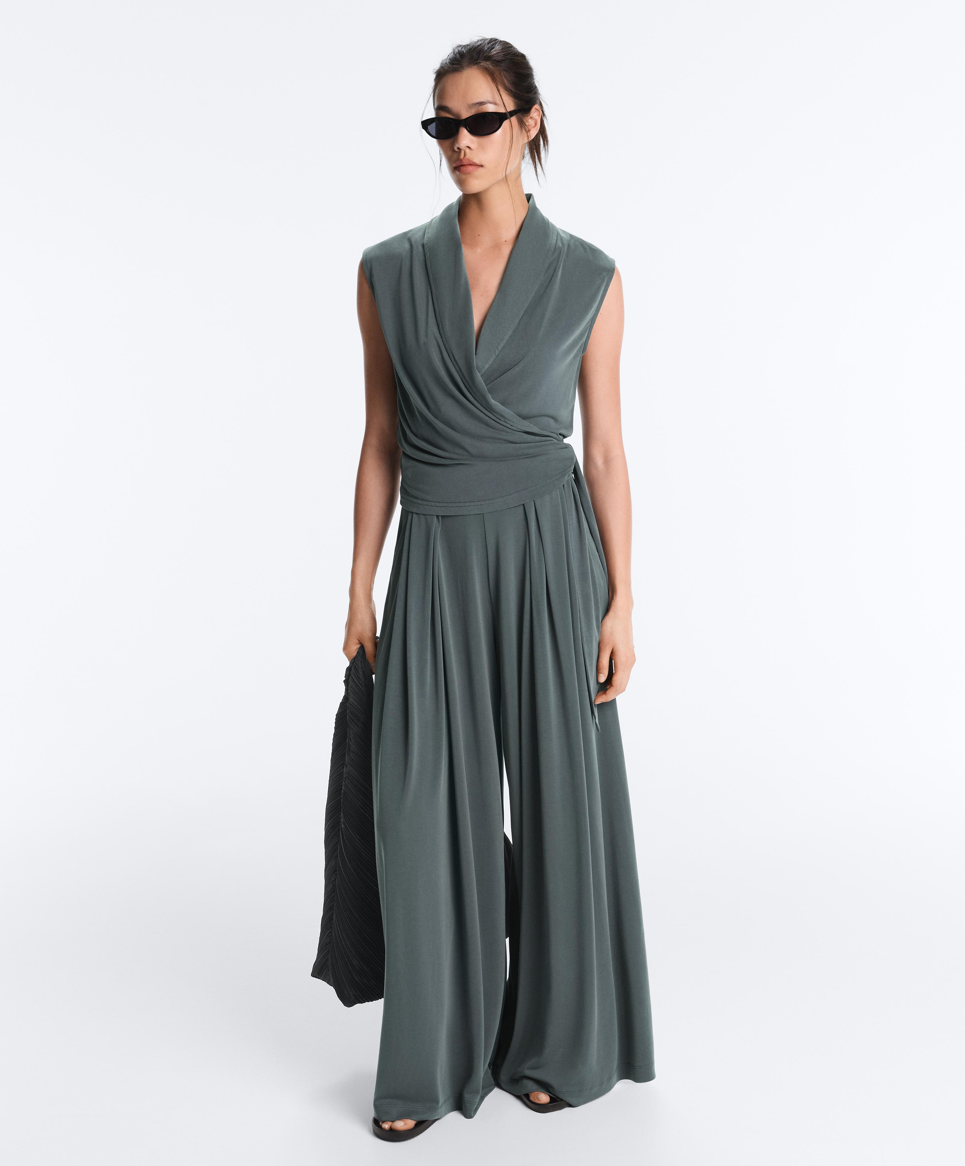 Modal blend sleeveless crossover T-shirt — STEEL GREY