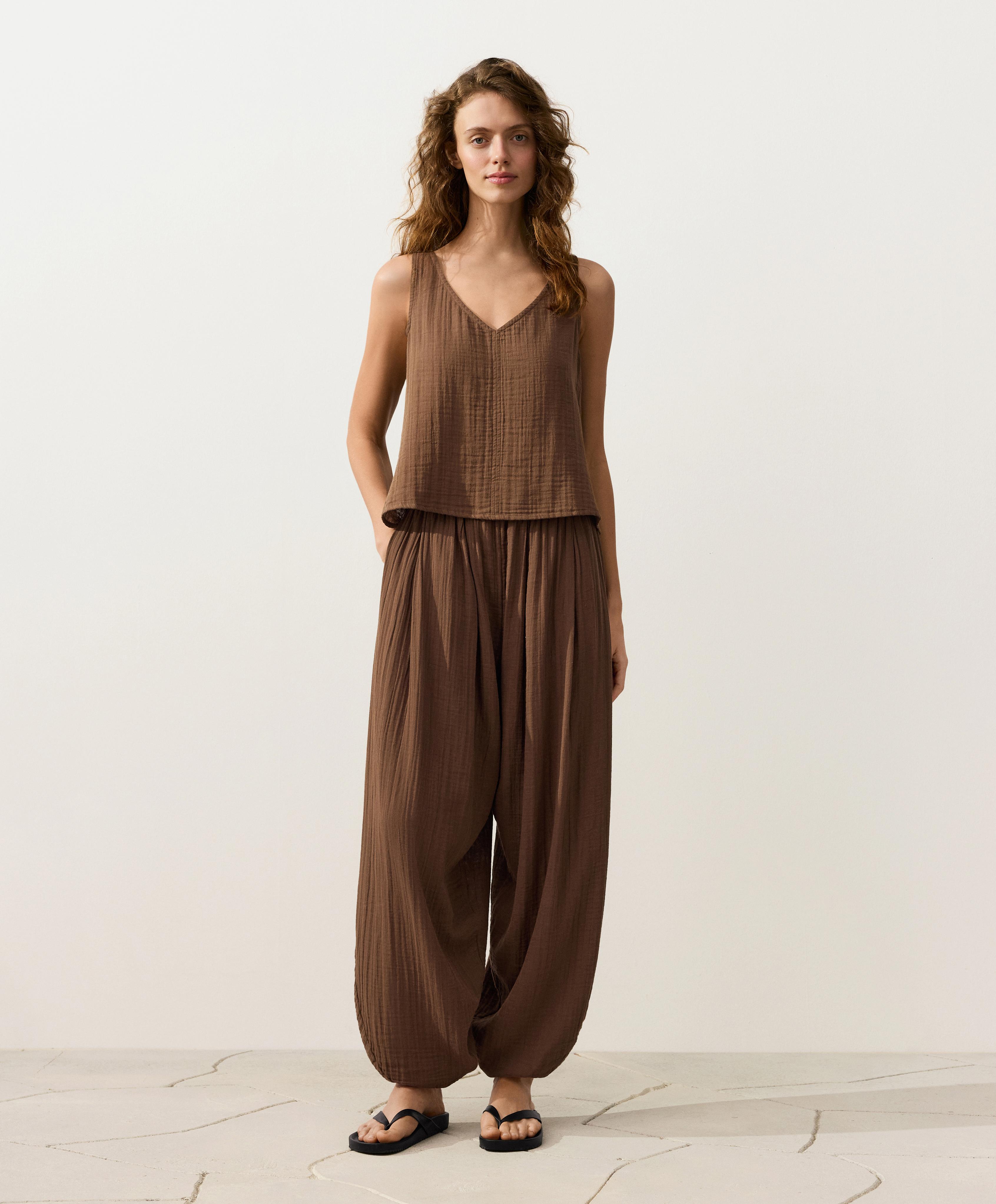100% cotton gauze V-neck strappy top — TAN