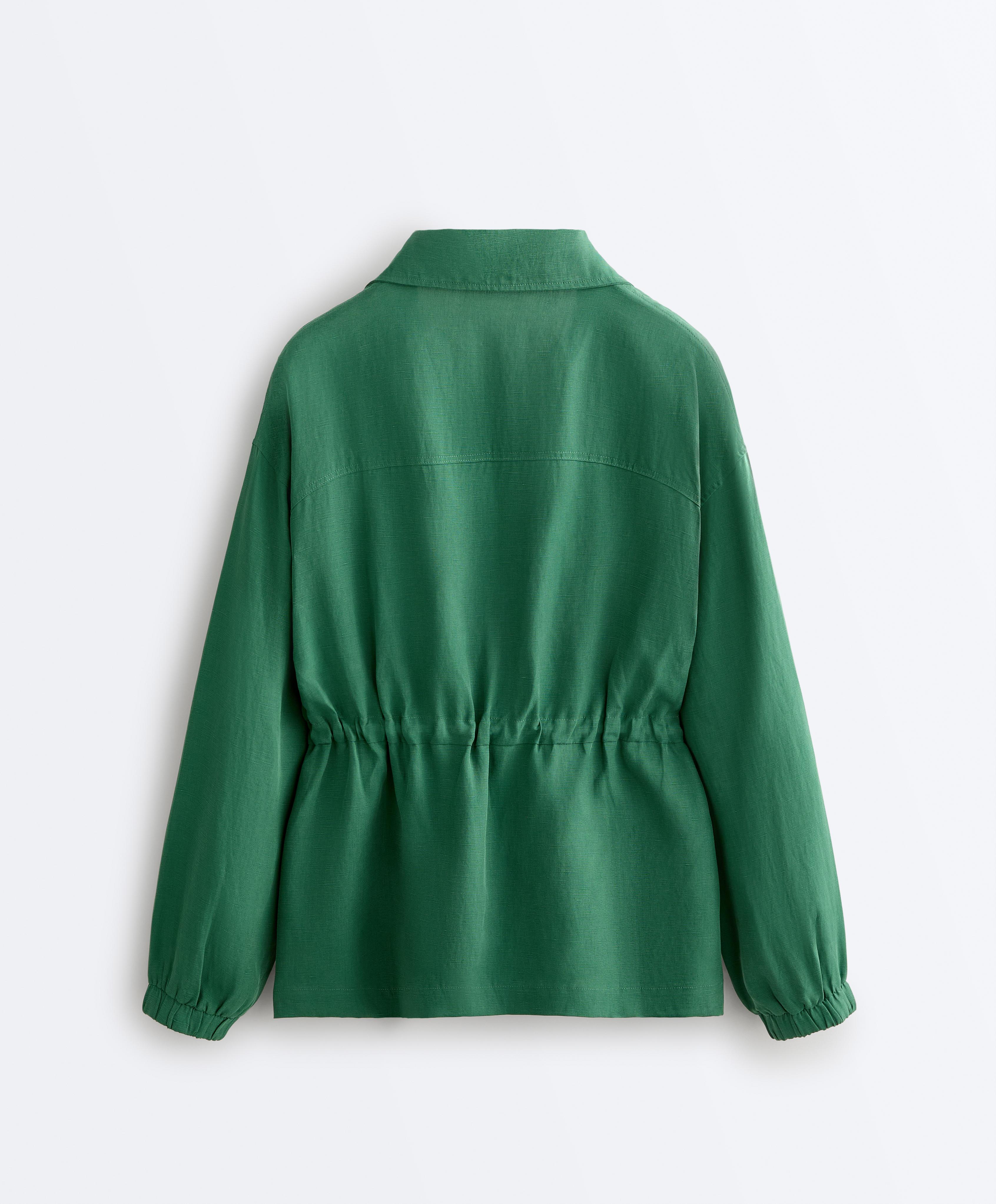 Lyocell and 24% linen blend ruched waist jacket — EMERALD GREEN