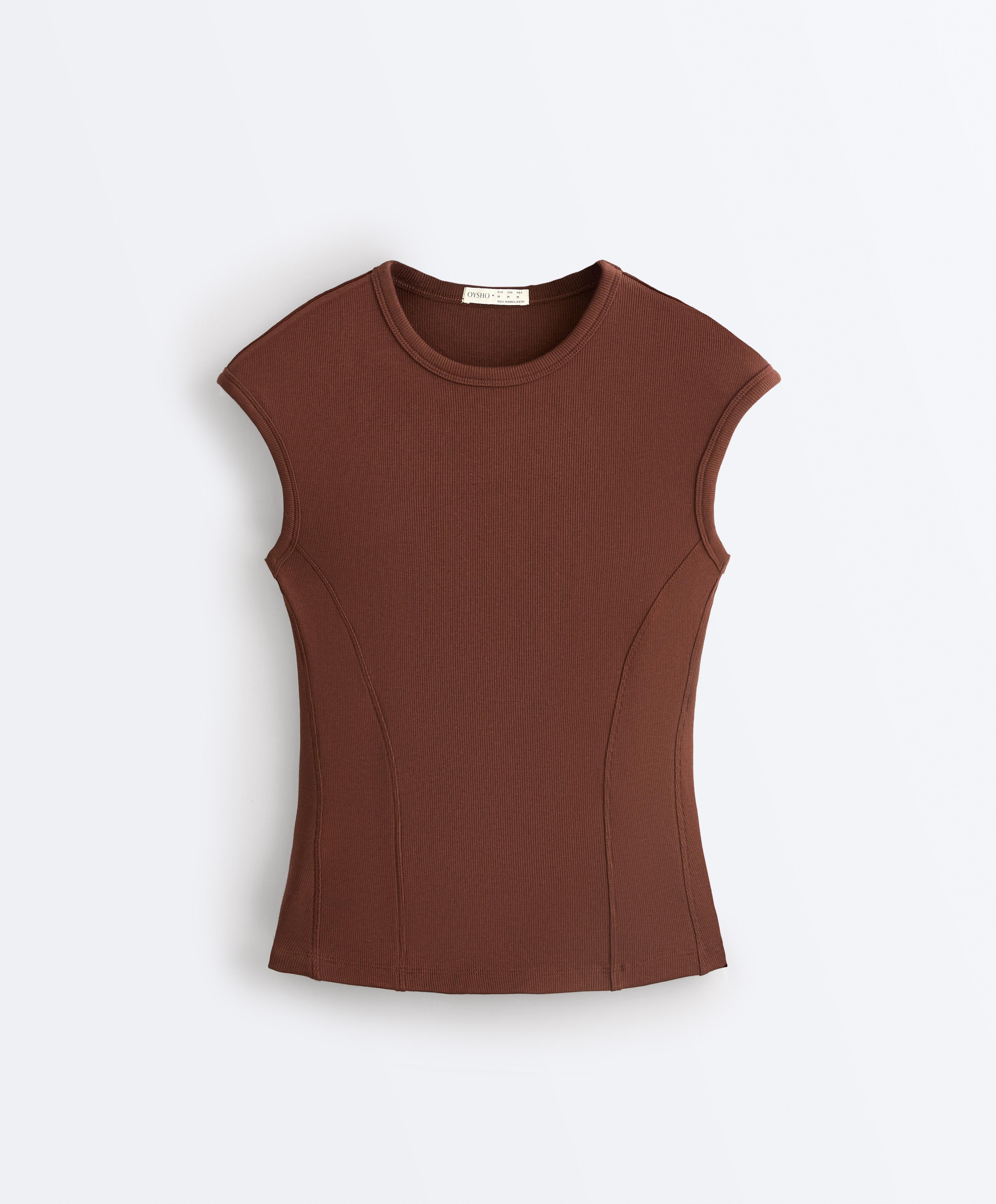 Short-sleeved rib top with cotton and modal — COFFEE