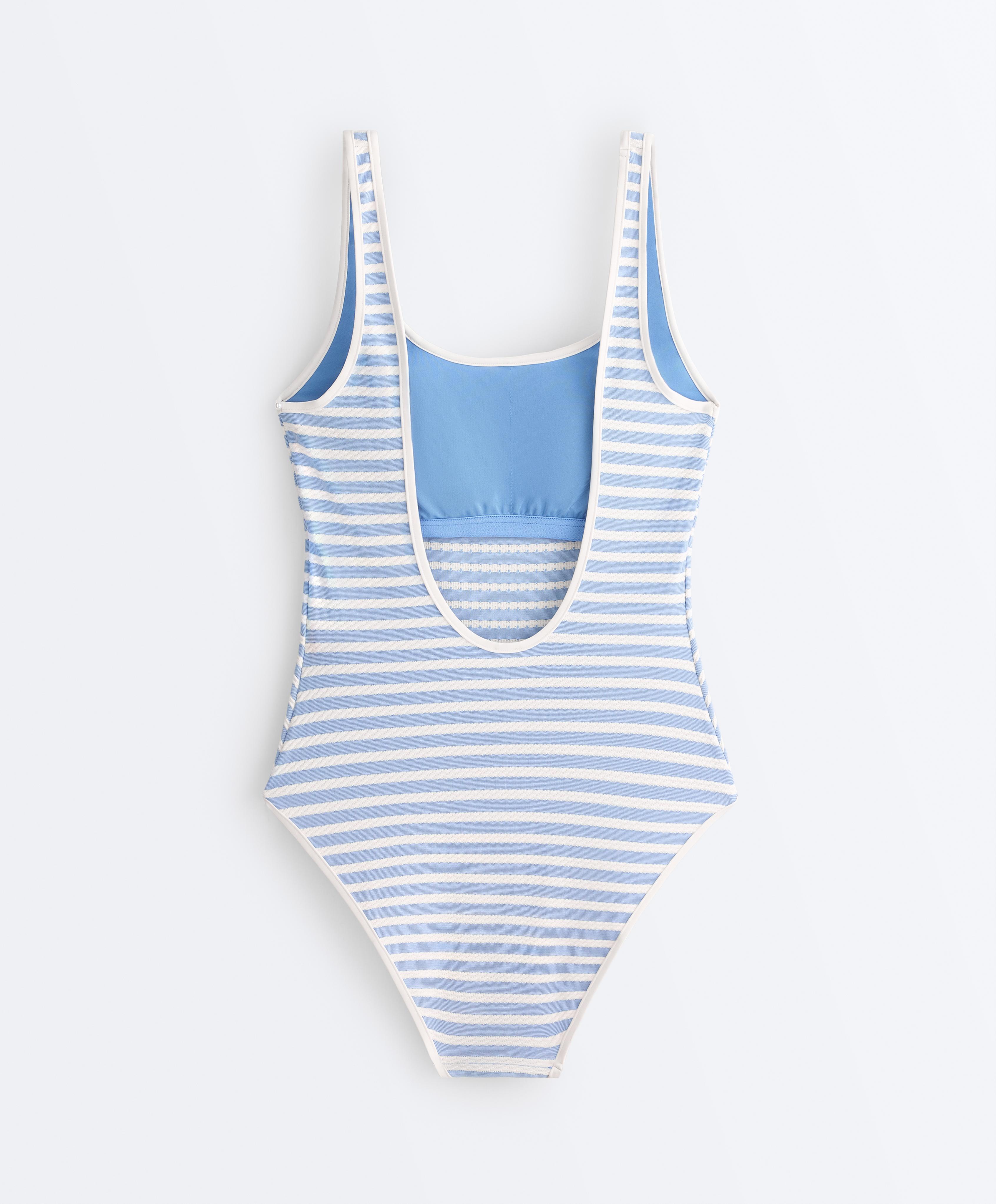 Textured stripe round-neck swimsuit — WASHED SKY BLUE