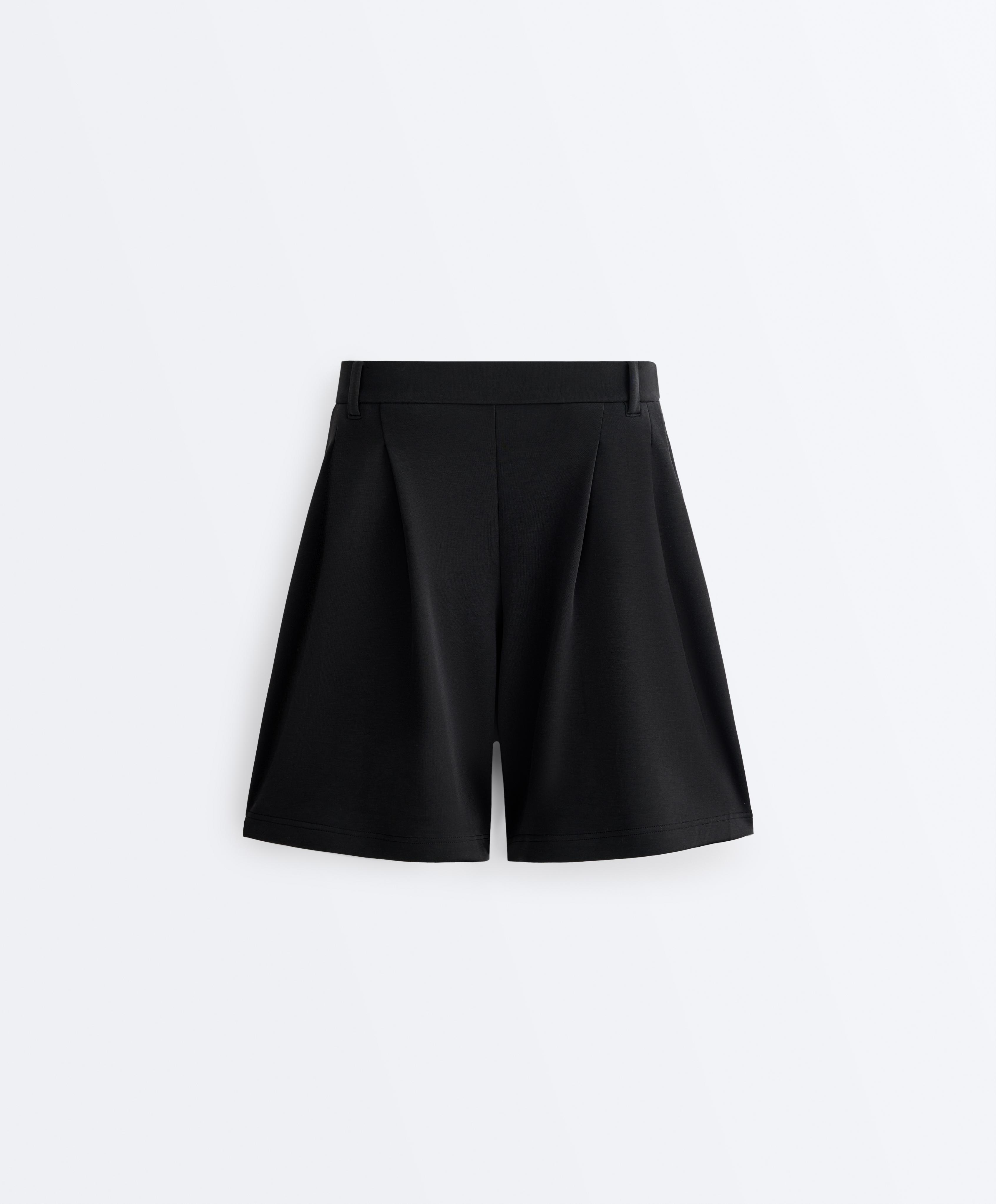 Soft-touch modal Bermuda shorts with pleats — BLACK