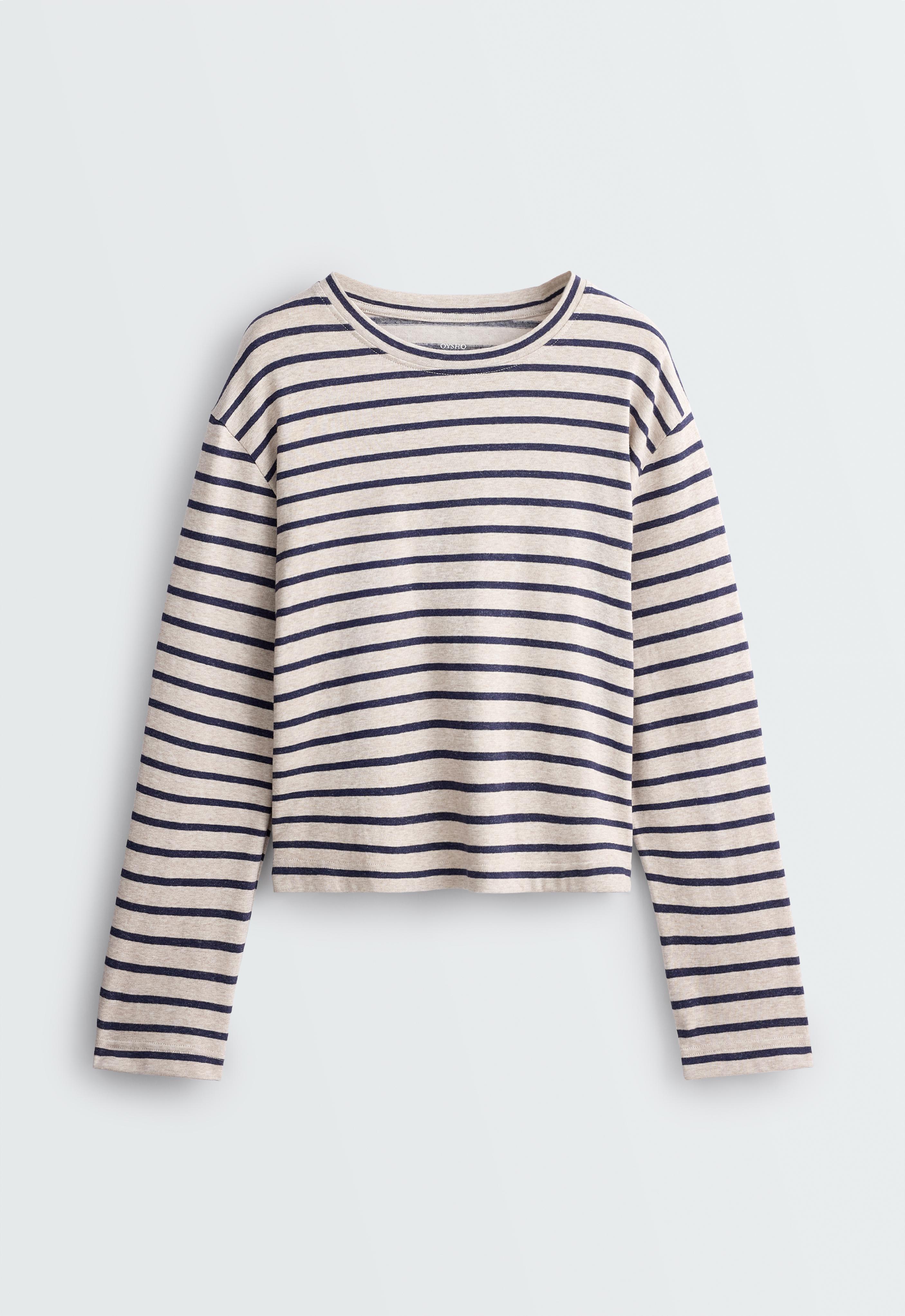 Striped cotton-blend long-sleeved T-shirt — MINK MELANGE