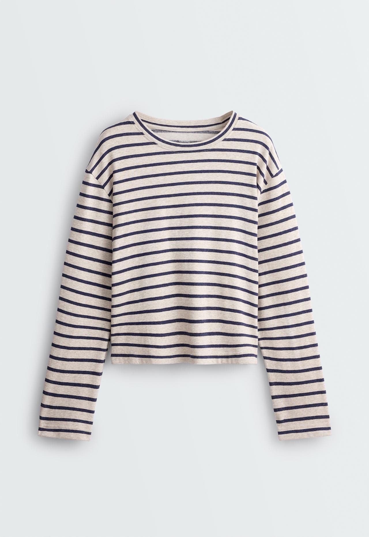 Relaxed long sleeve cotton-blend stripe t-shirt — MINK MELANGE