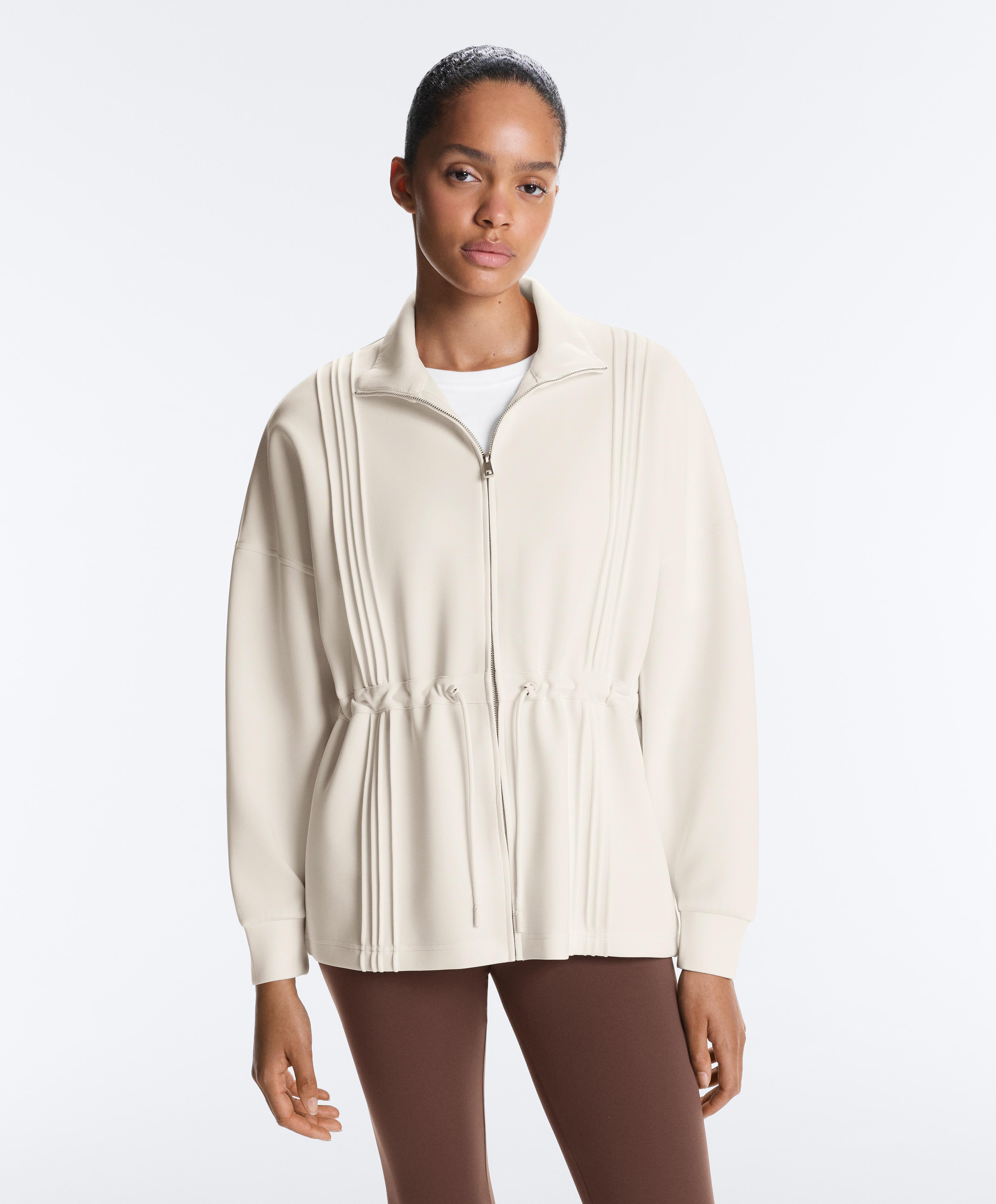Long jacket with ribbed high neck and soft-touch modal — PALE ECRU