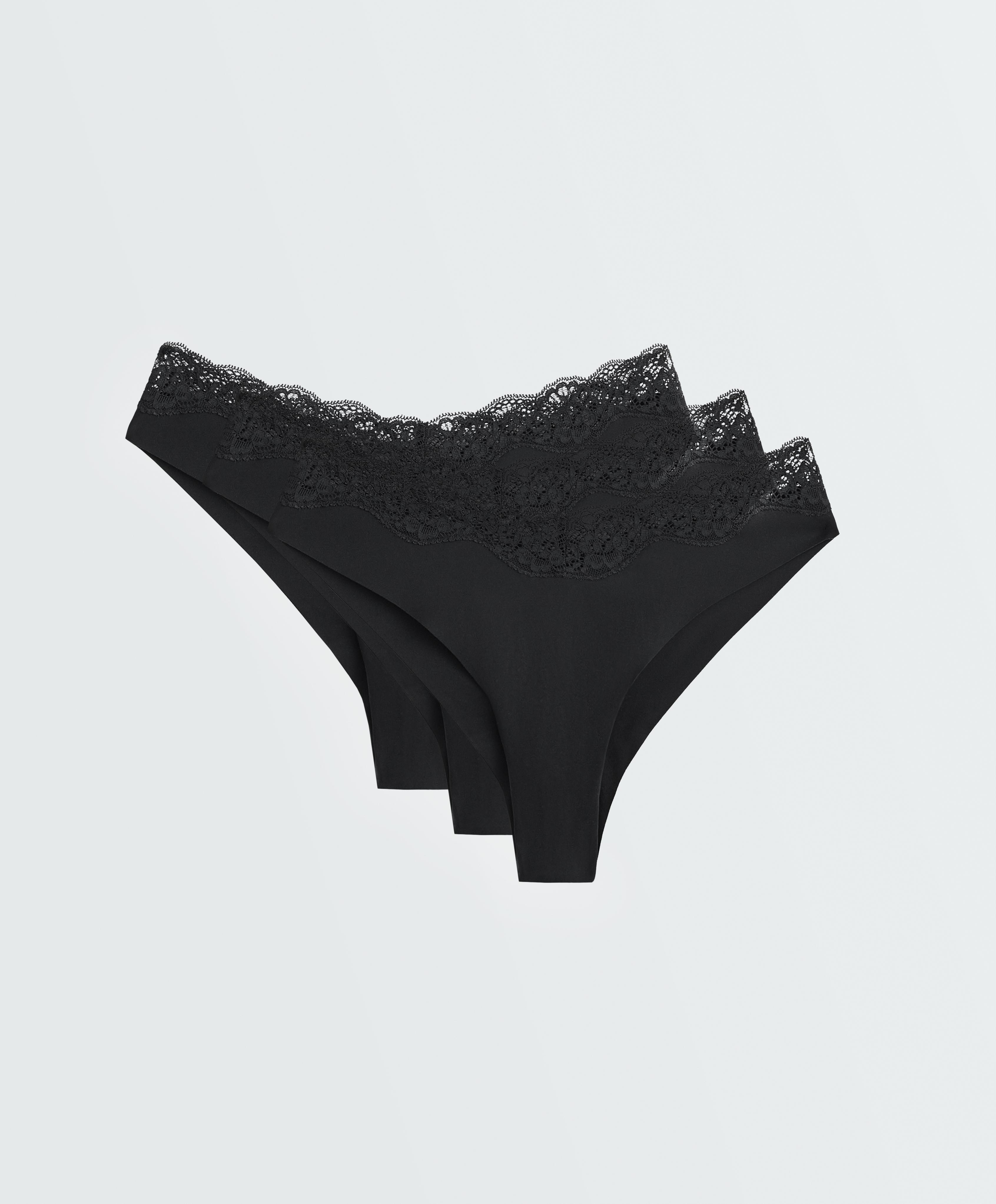 3 V-cut lace laser-cut polyamide Brazilian briefs — BLACK