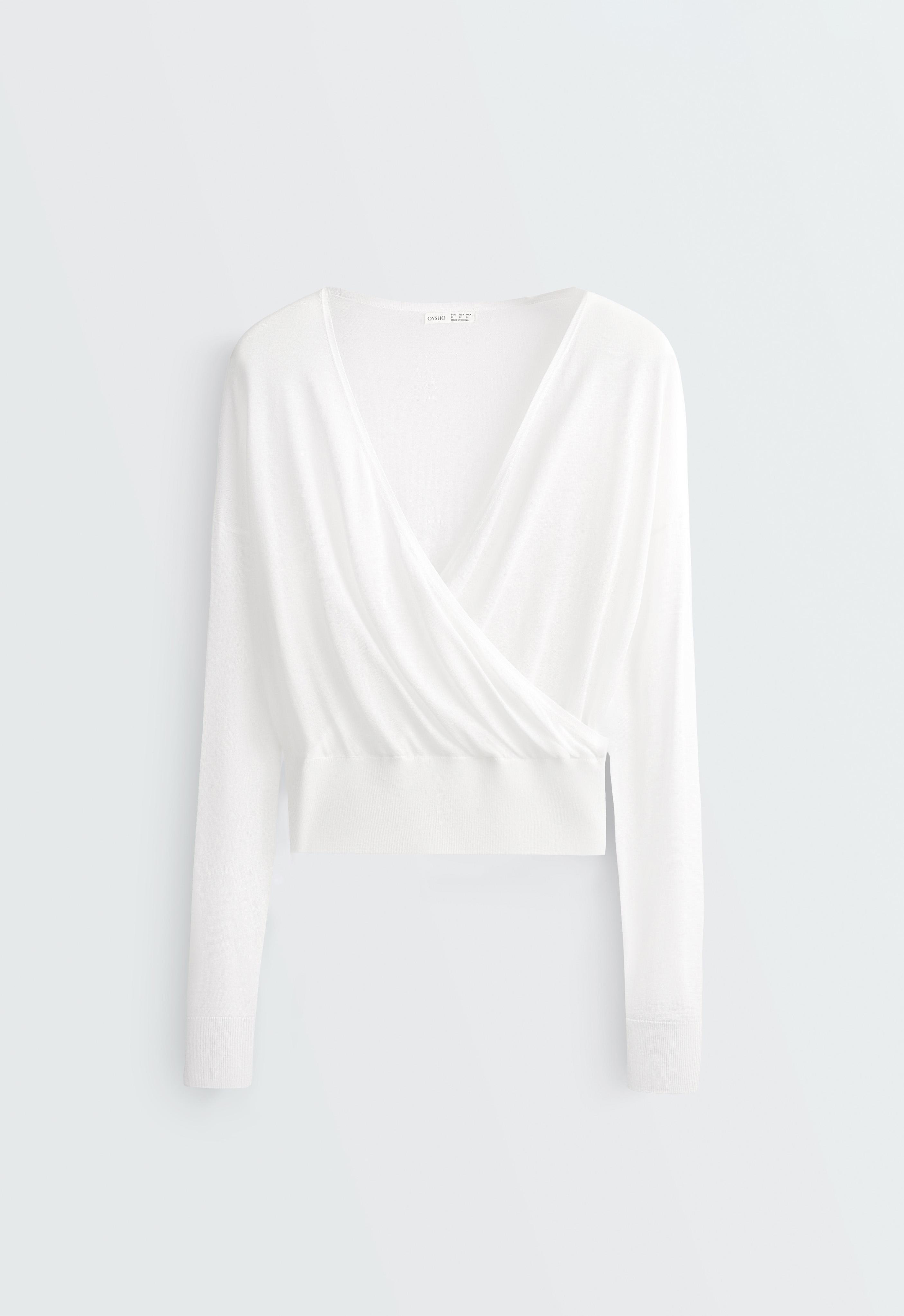 Lyocell blend sheer cross-over long sleeve T-shirt — WHITE 