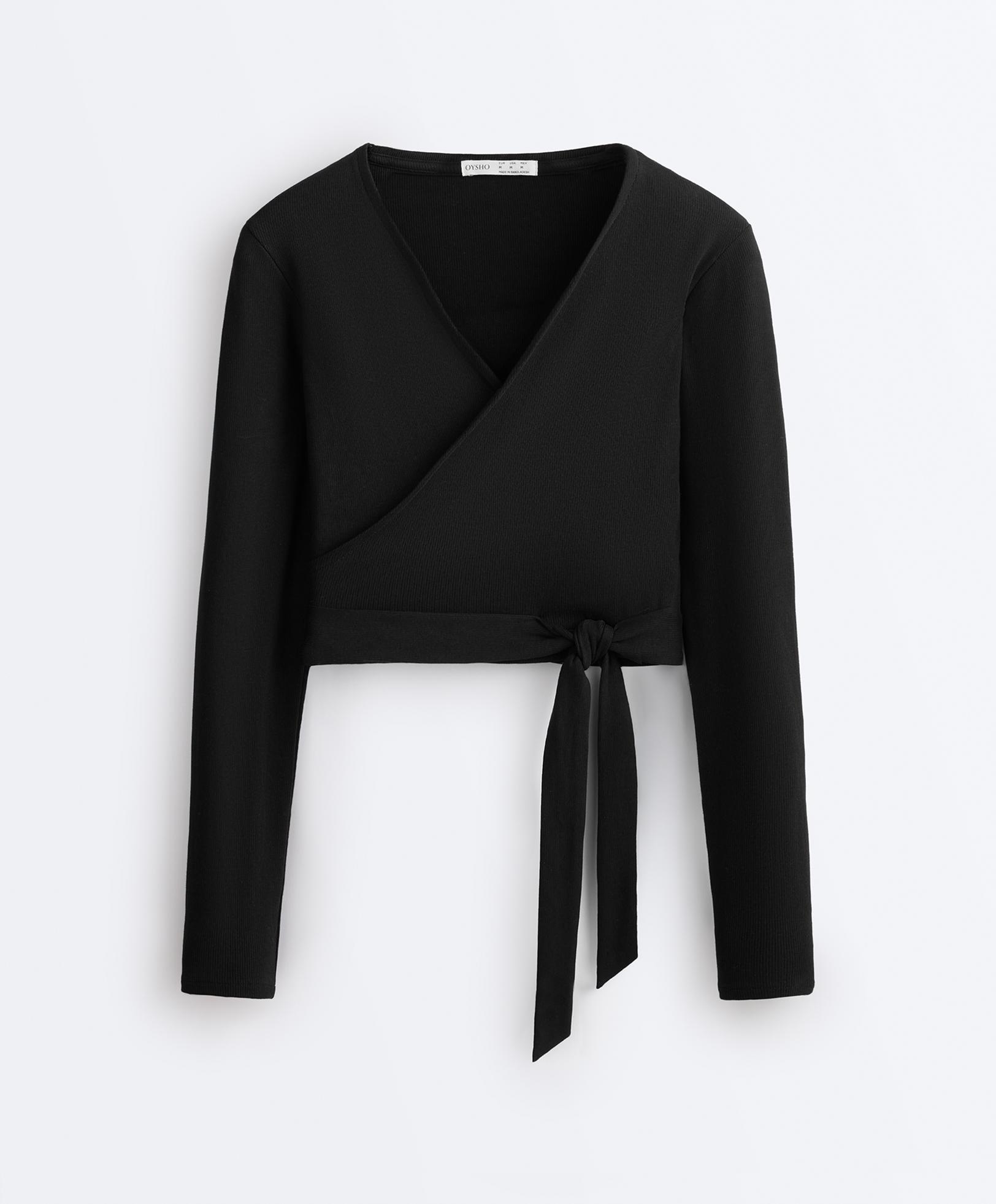 Wrap Over Rib Cotton Blend T-Shirt — BLACK