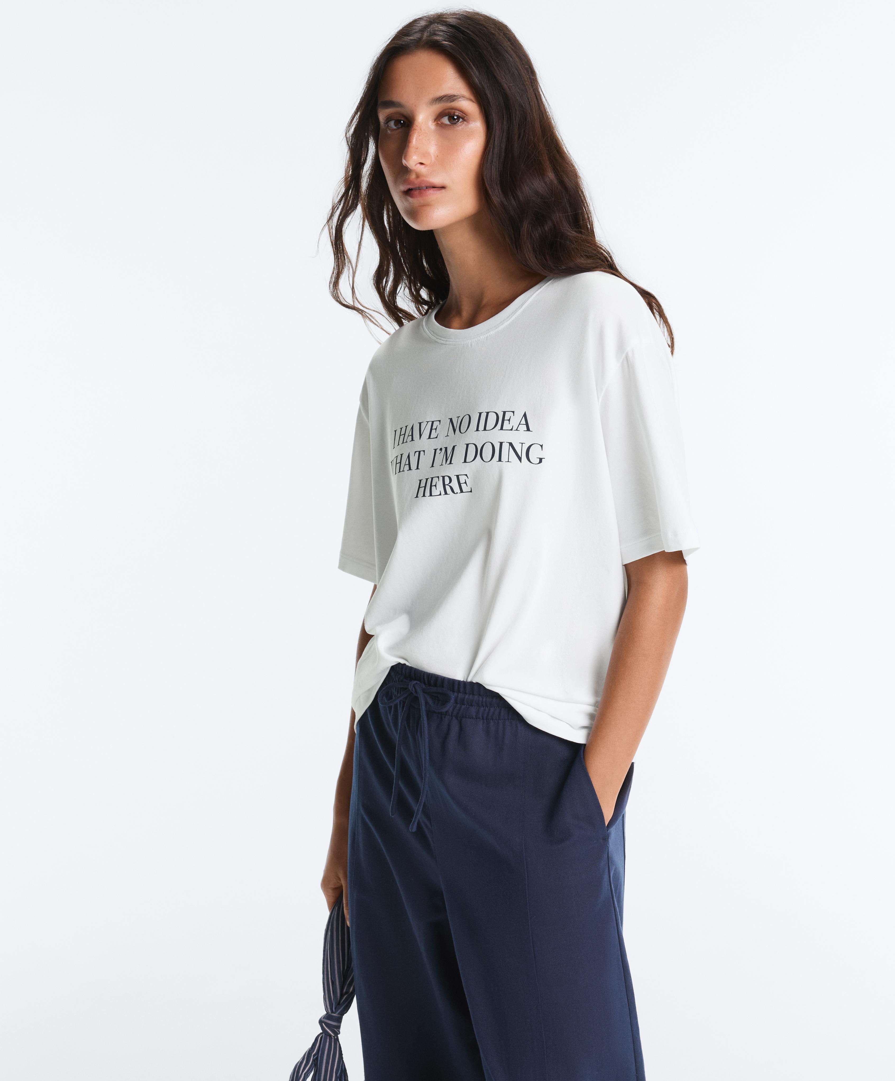 Boxy short-sleeved cotton blend T-shirt with slogan — WHITE 