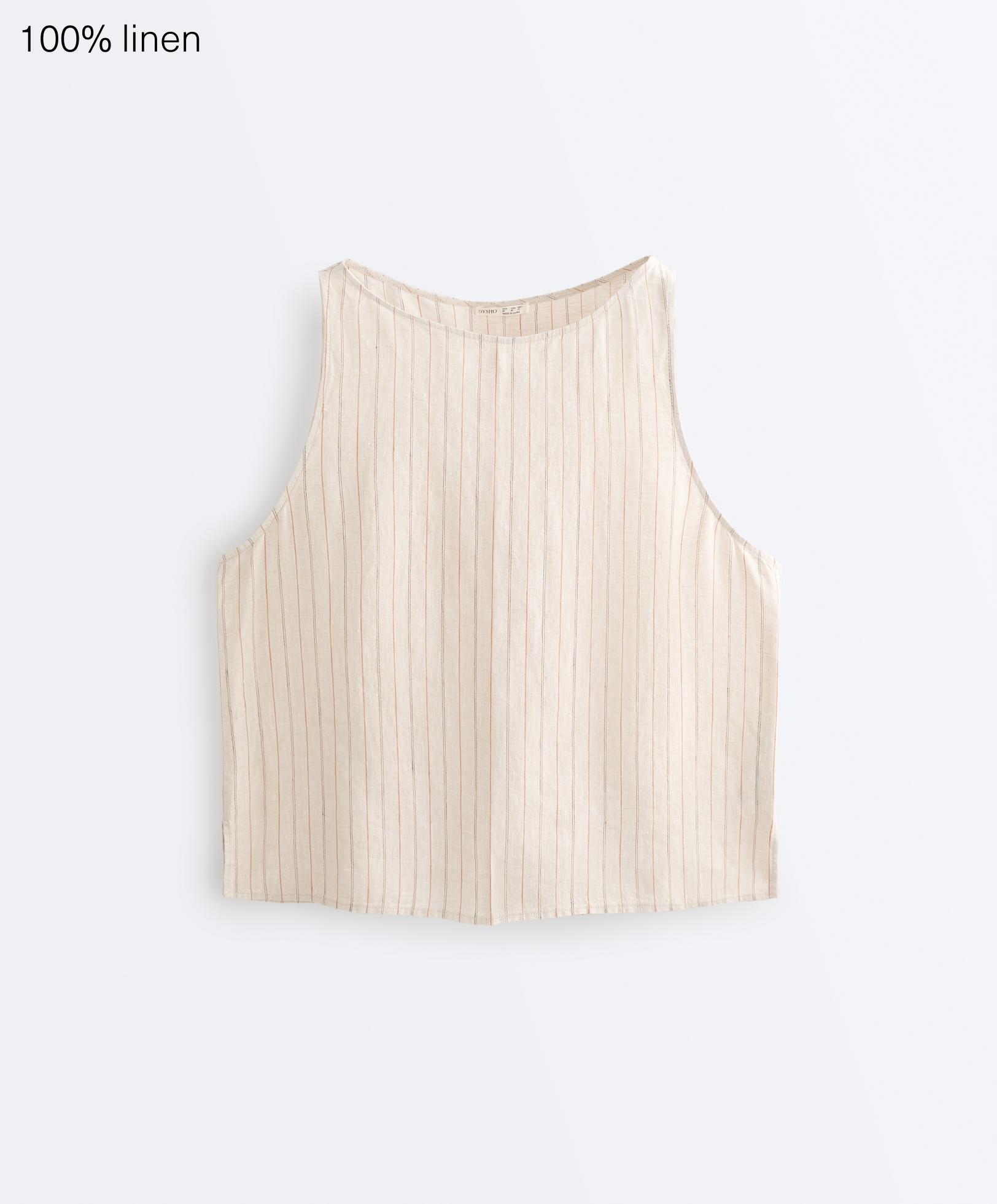 100% linen striped square top — SAND MELANGE