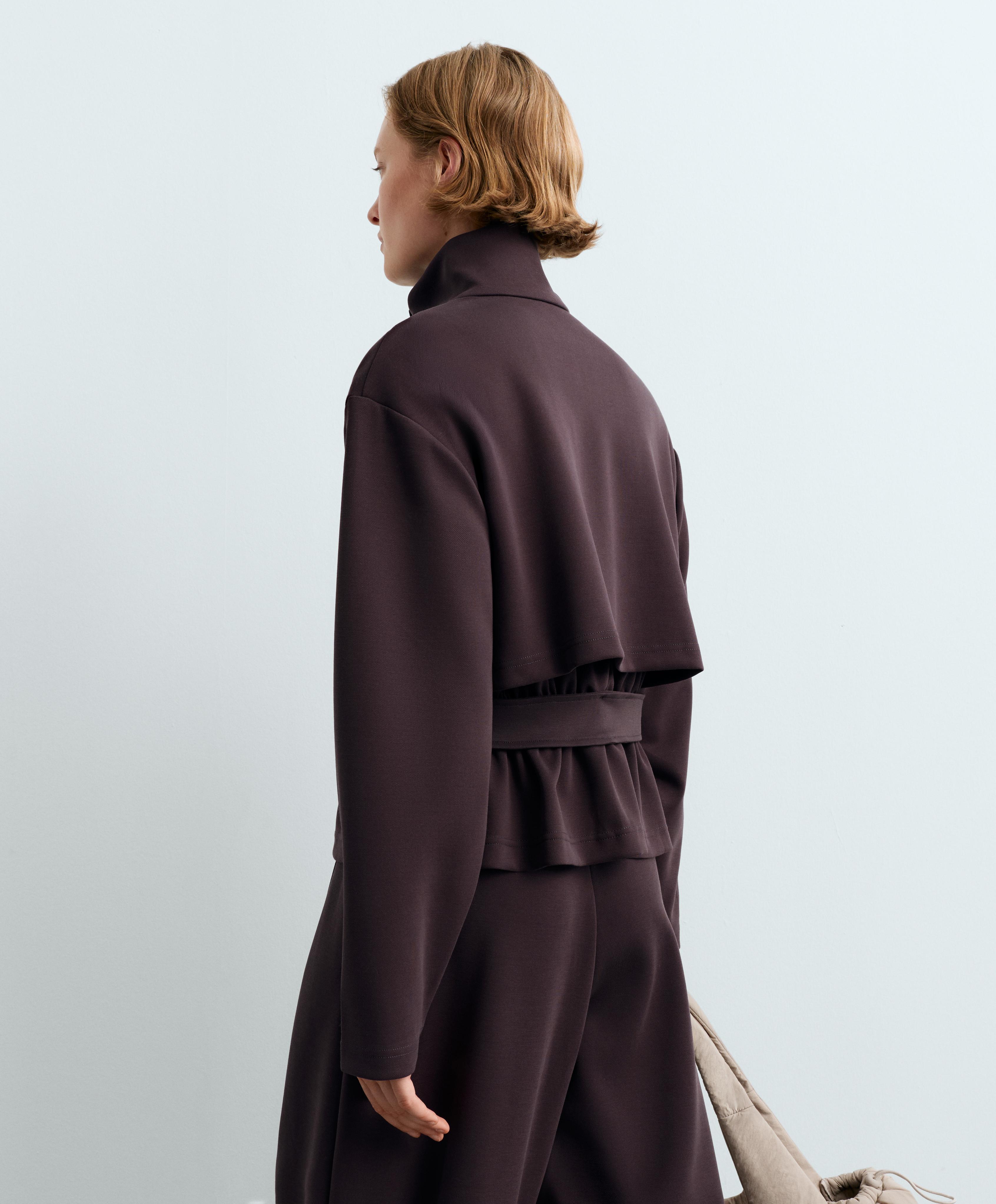 Short piqué jacket with belt — Purplish brown