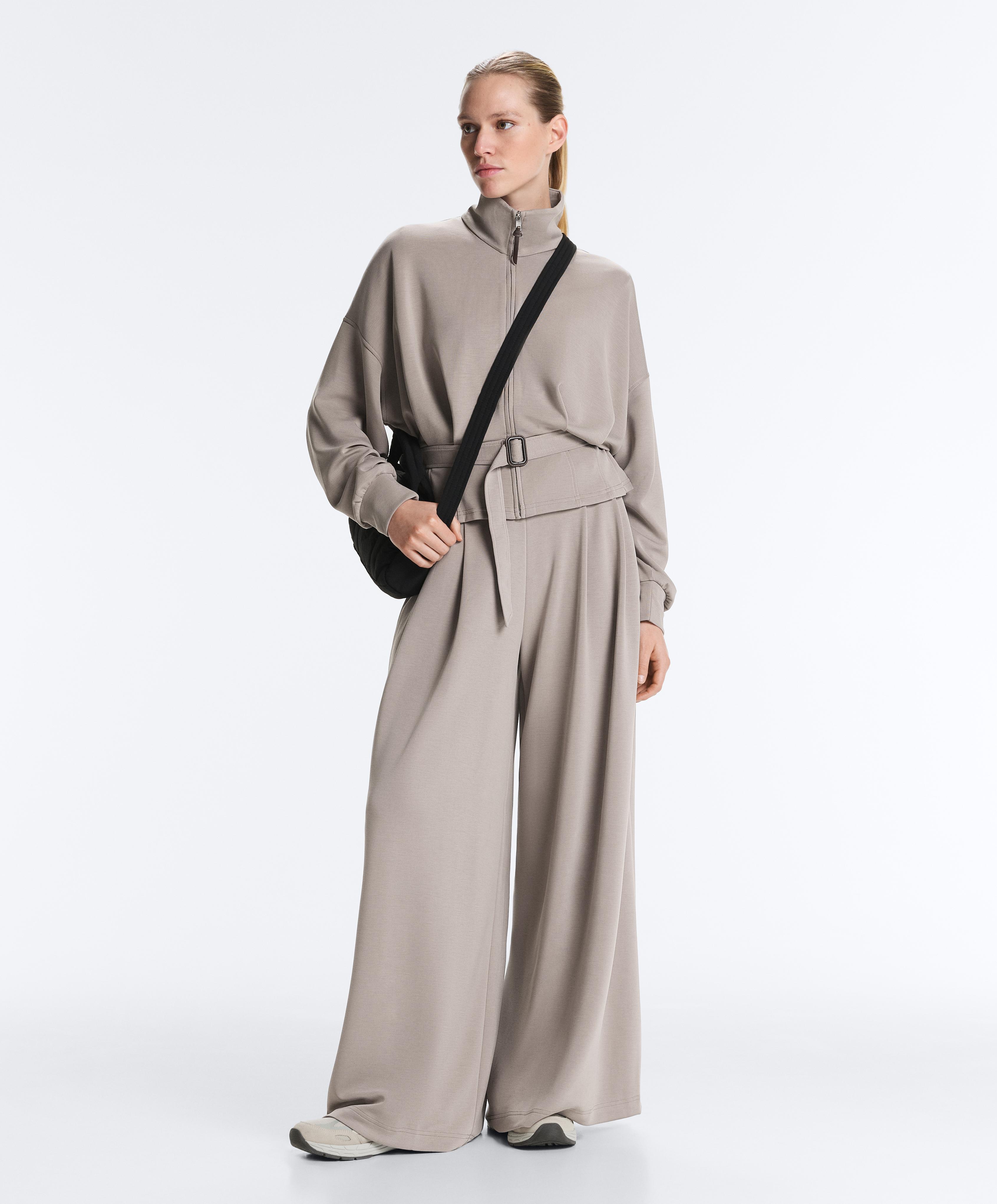 Soft-touch modal wide-leg trousers with corset detail — PALE TAUPE