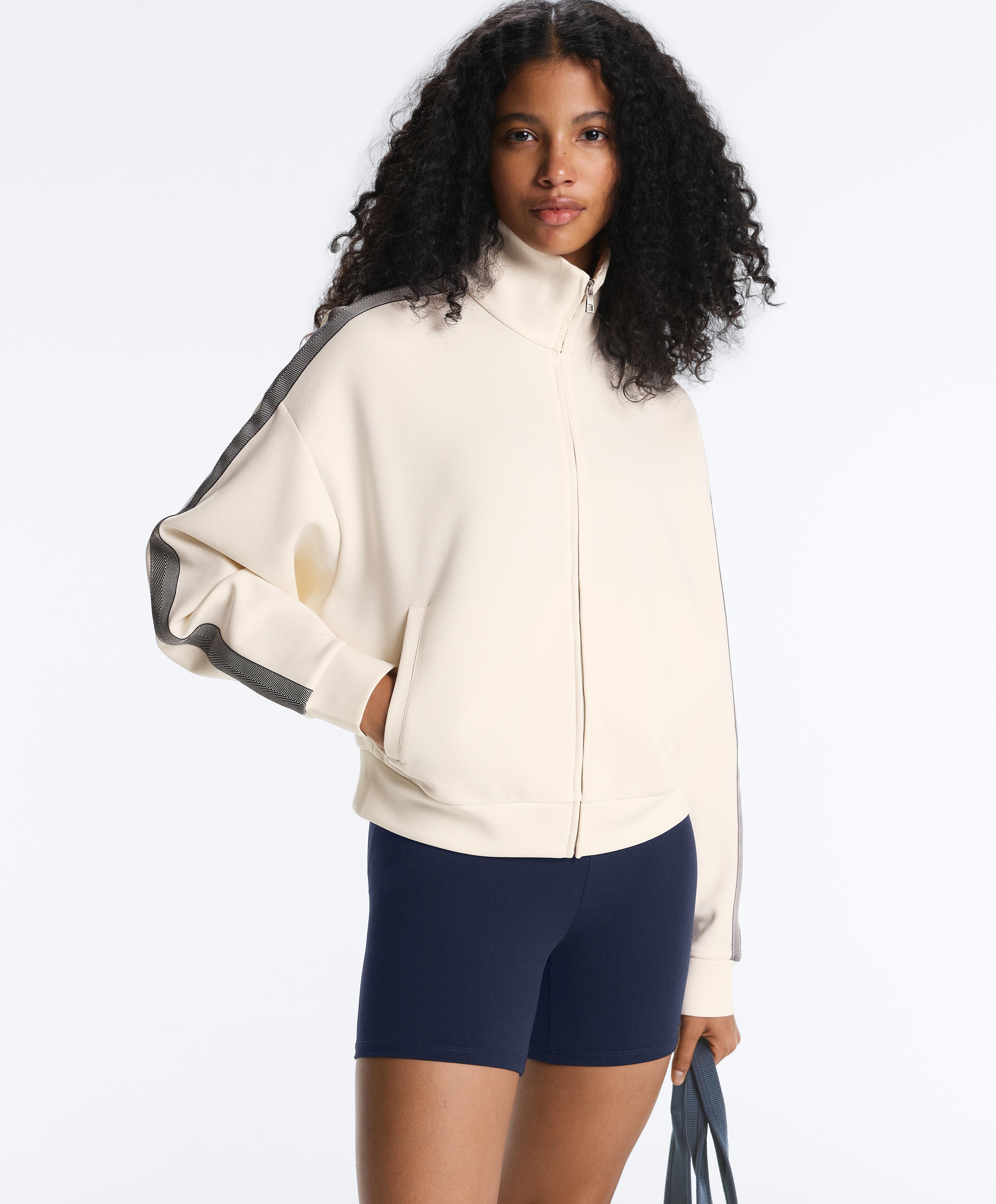 Herringbone side tape piqué cotton jacket — PALE ECRU