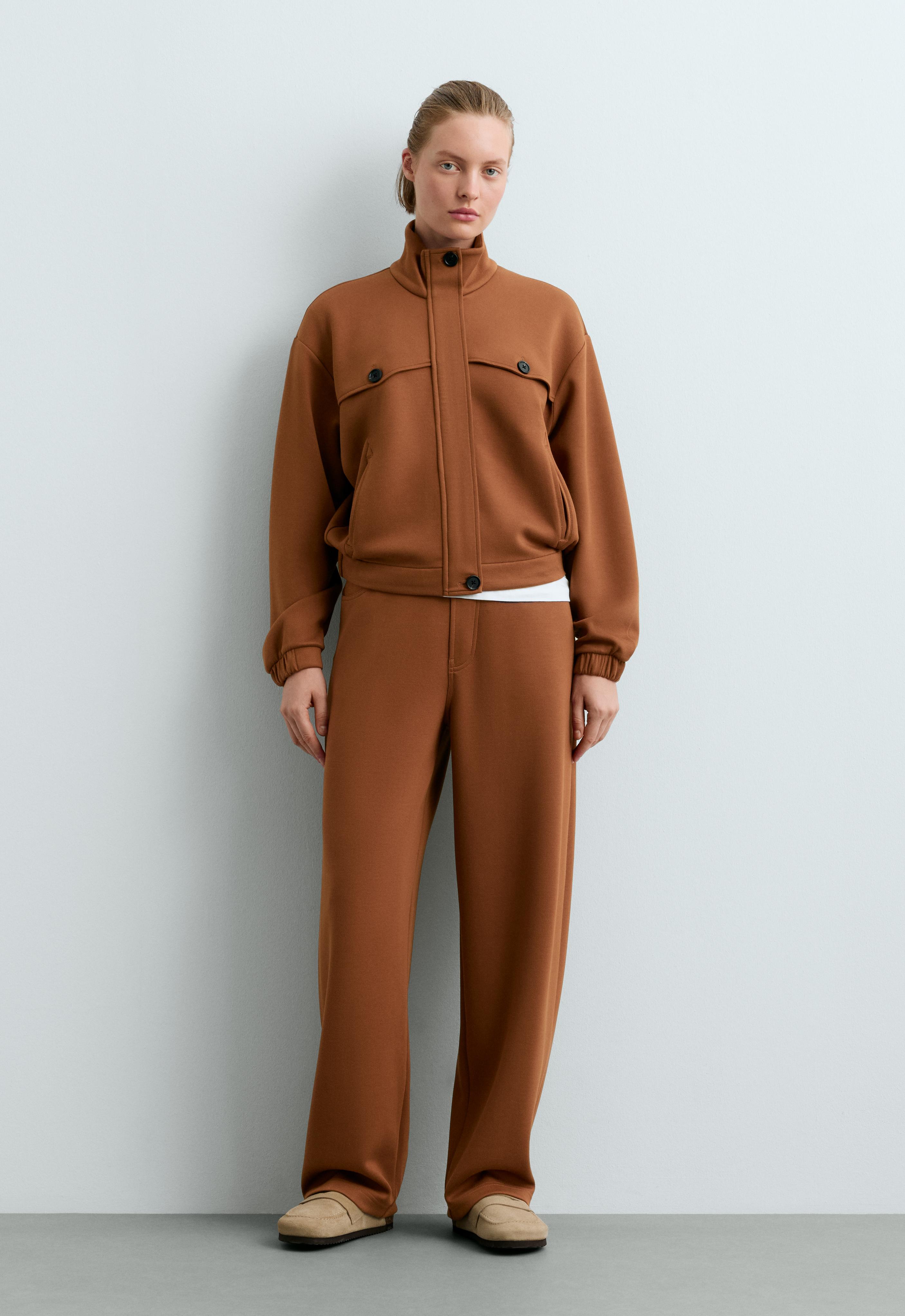 High-neck cropped jacket — COGNAC