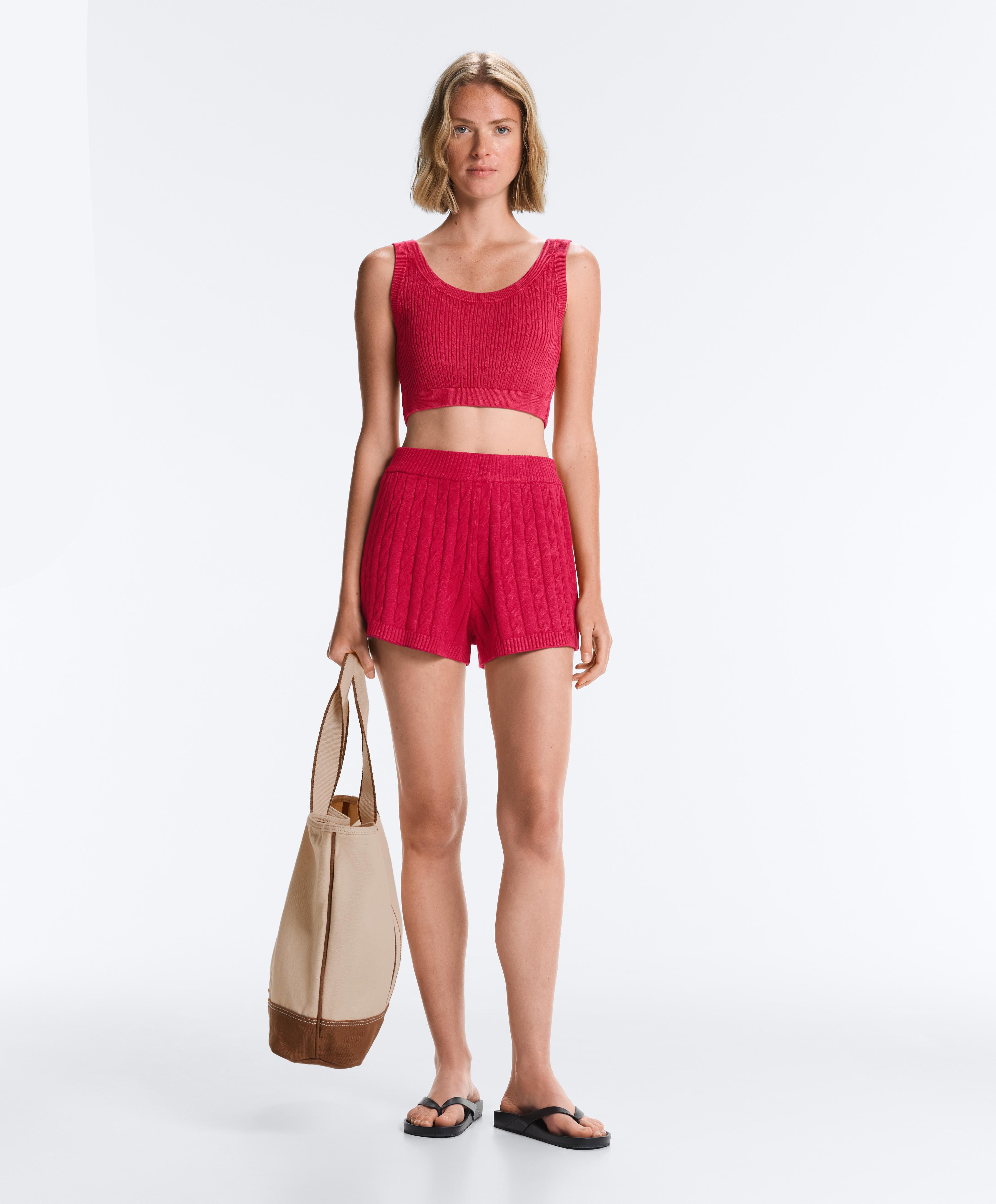 Washed knit crop cable strap T-shirt — RED