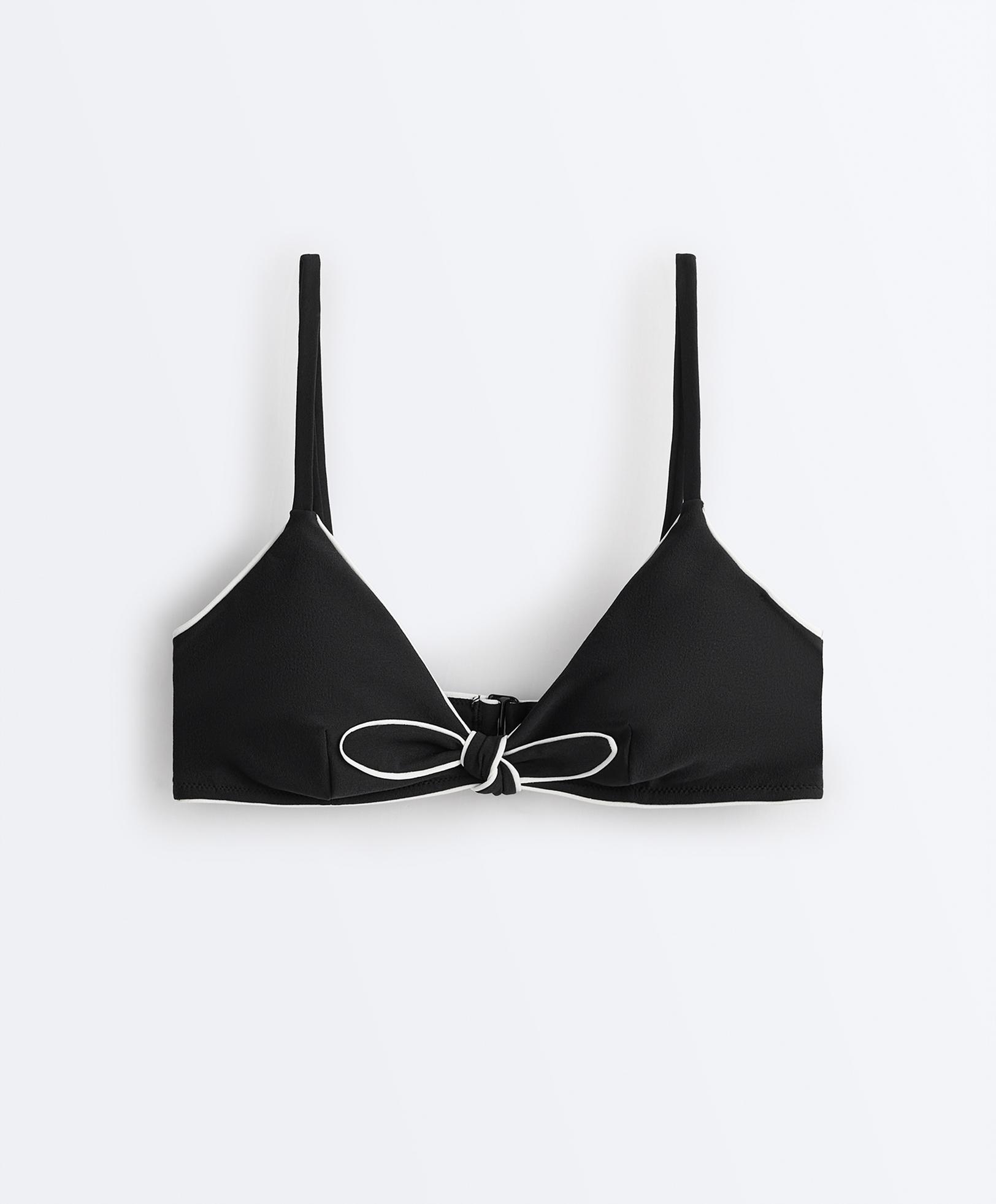 Piping triangle bikini top with ties — BLACK