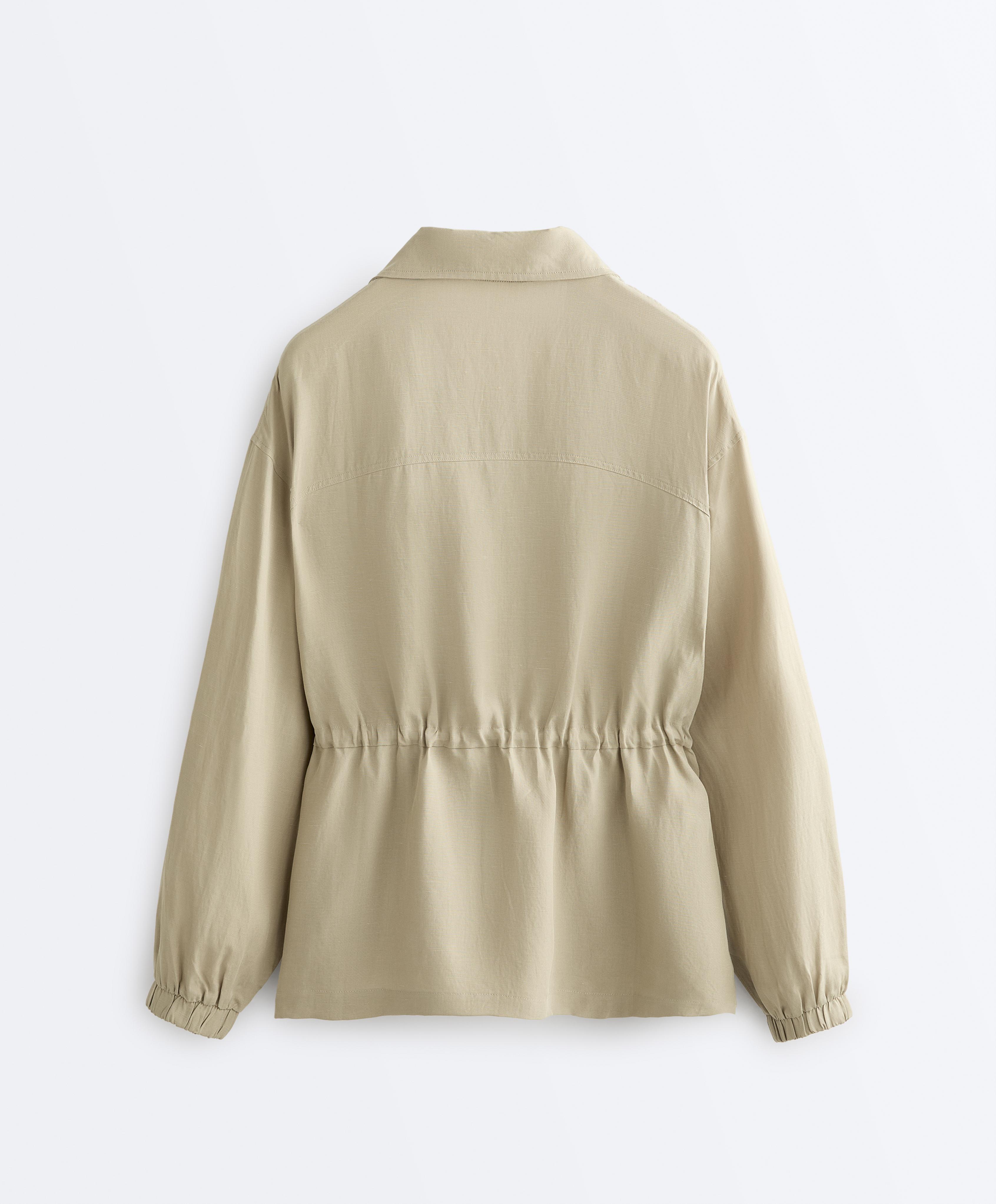 Lyocell and 24% linen blend ruched waist jacket — GREEN BEIGE