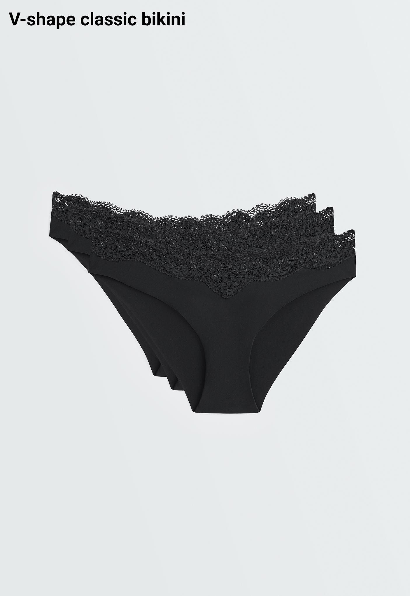 3 laser-cut polyamide blend V-cut lace bikini briefs — BLACK
