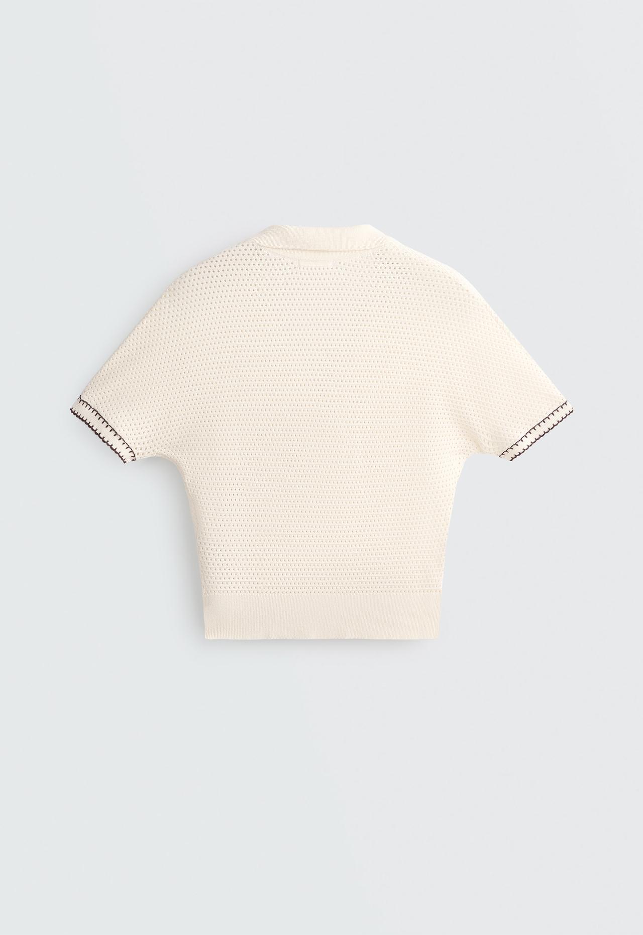 Cotton blend openwork knit polo — PALE ECRU