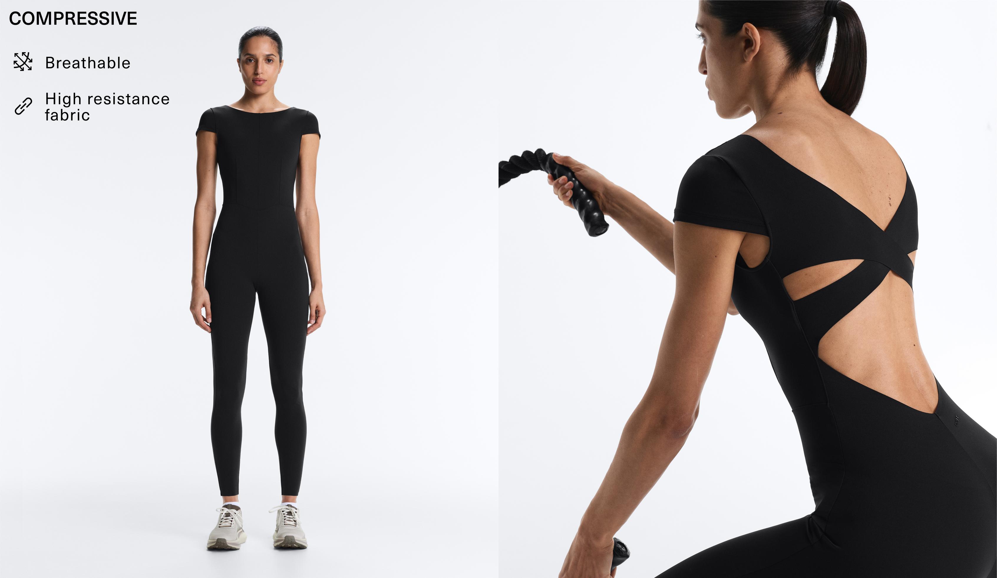 Long Compressive short sleeve jumpsuit — BLACK