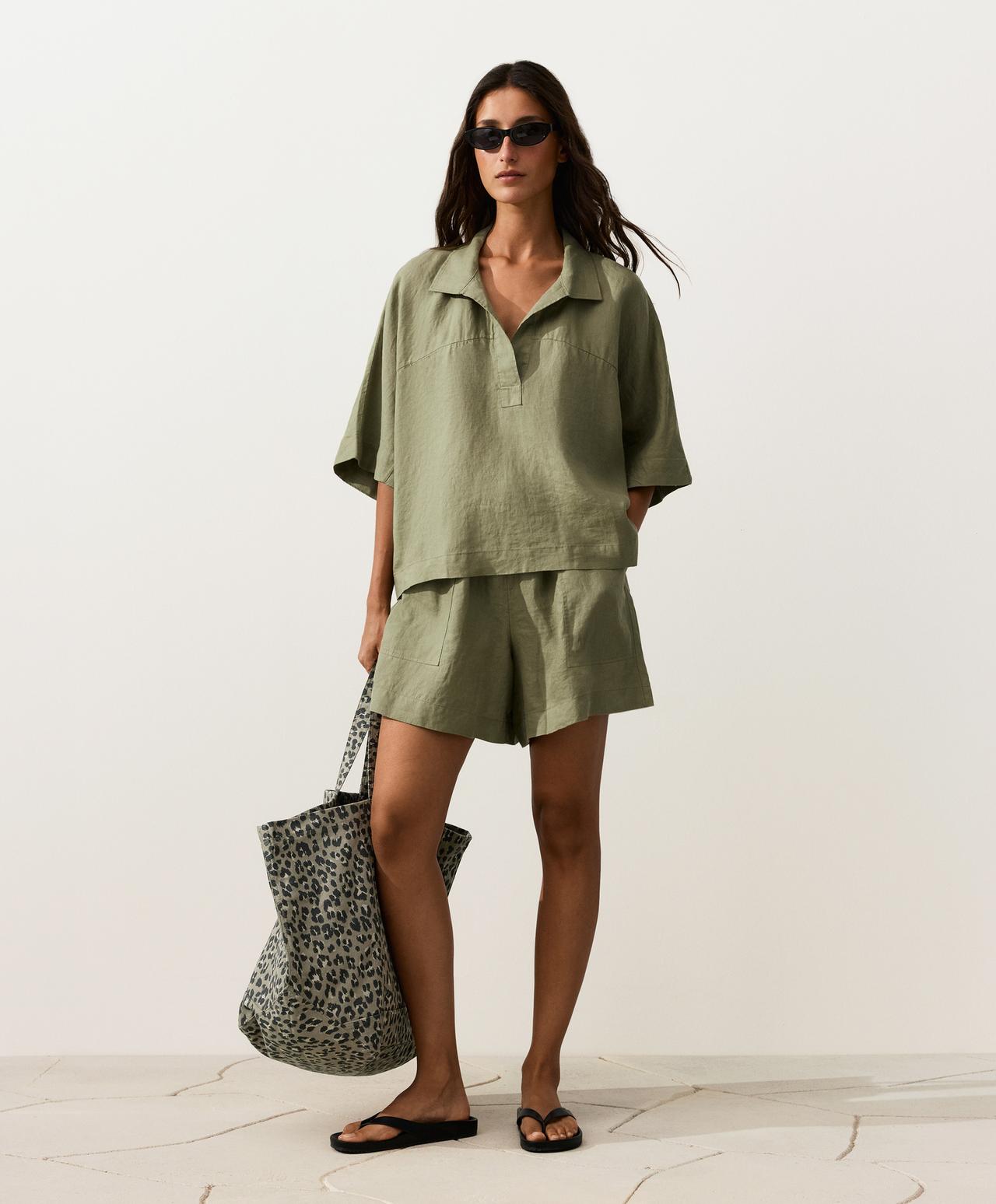 Oversize 100% linen polo shirt — YELLOW GREEN